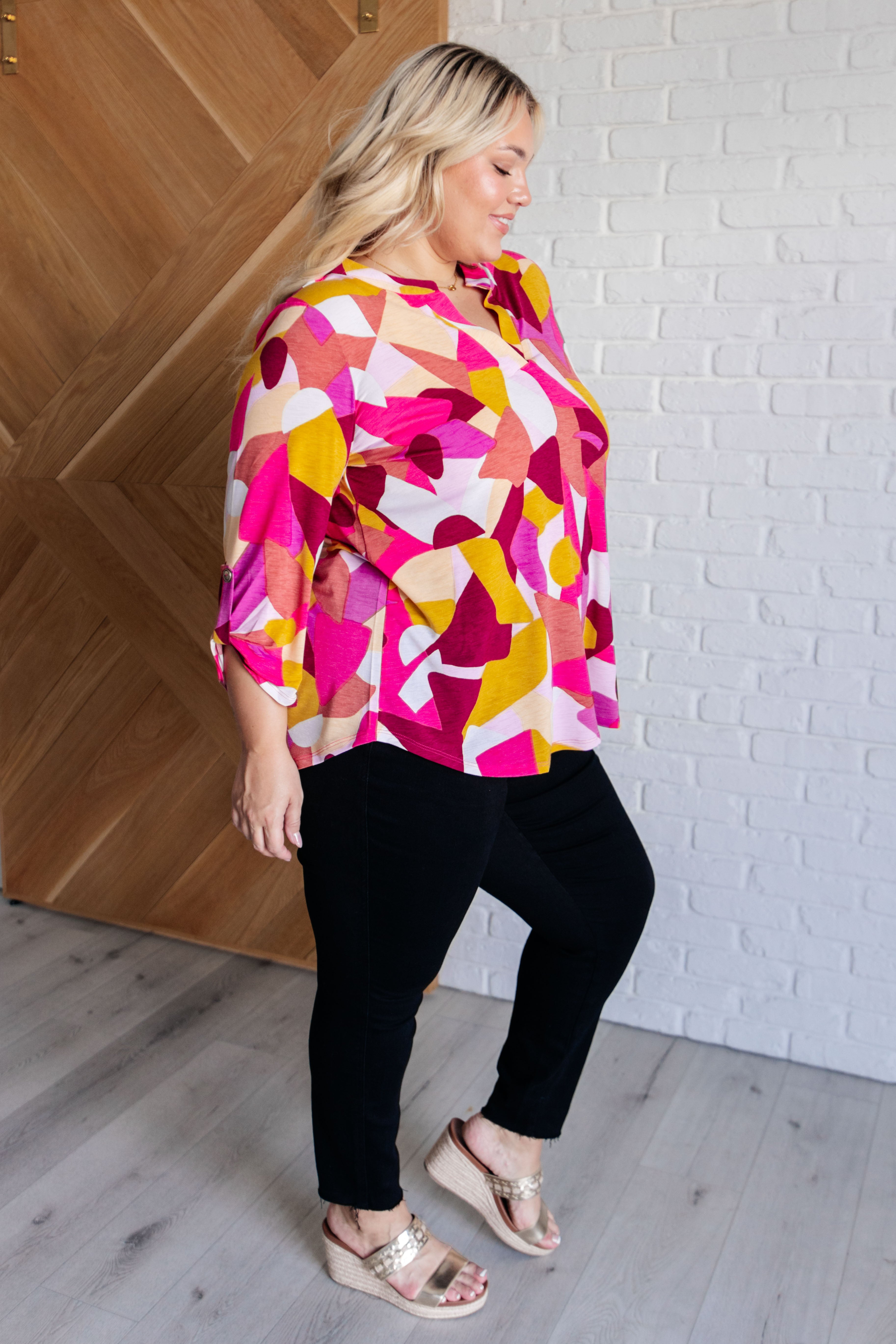 Dear Scarlett Lizzy Top in Magenta and Mustard Abstract Ave Shops