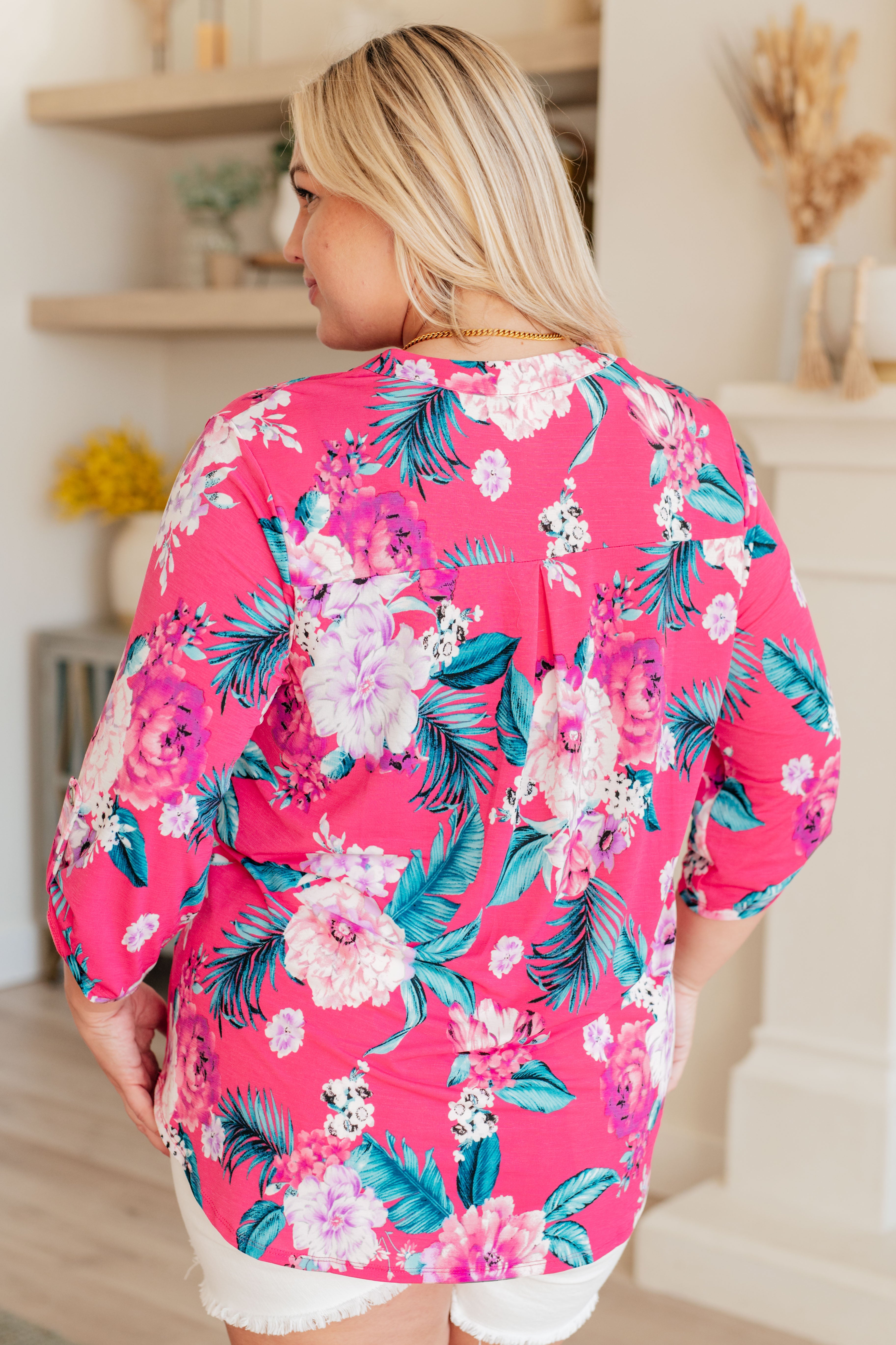 Dear Scarlett Lizzy Top in Magenta and Teal Tropical Floral Ave Shops