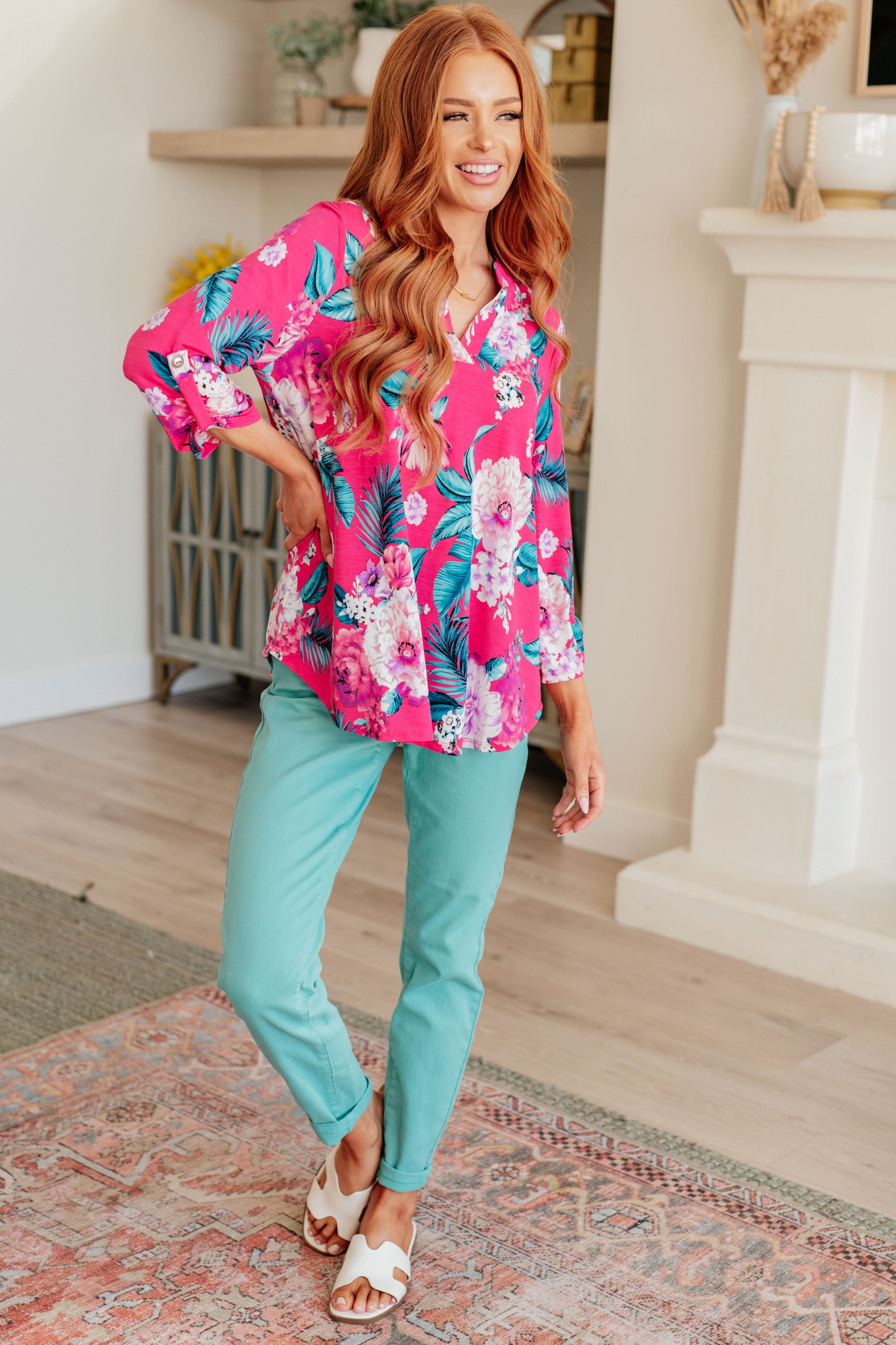 Dear Scarlett Lizzy Top in Magenta and Teal Tropical Floral Ave Shops