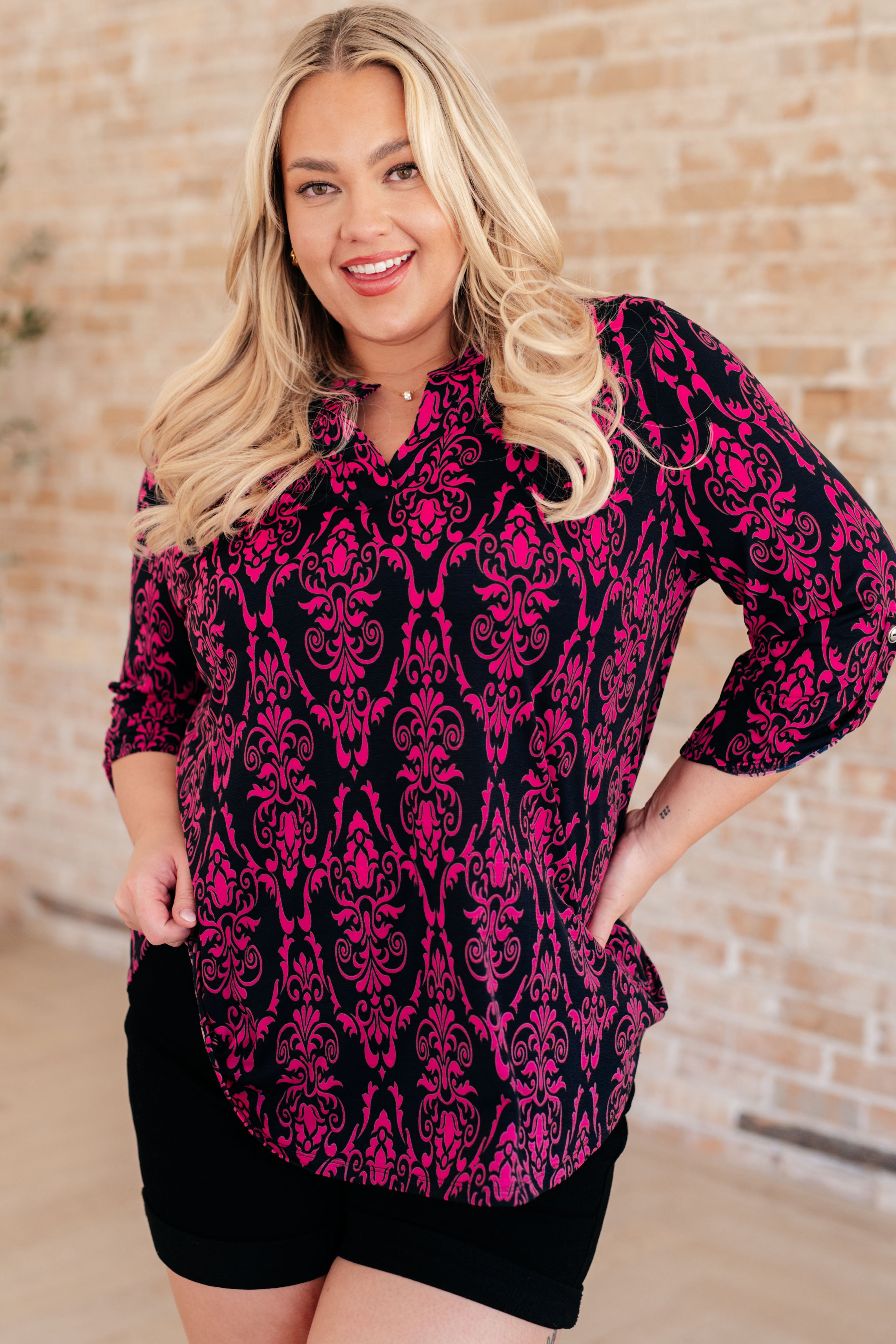 Dear Scarlett Lizzy Top in Navy and Hot Pink Damask Ave Shops