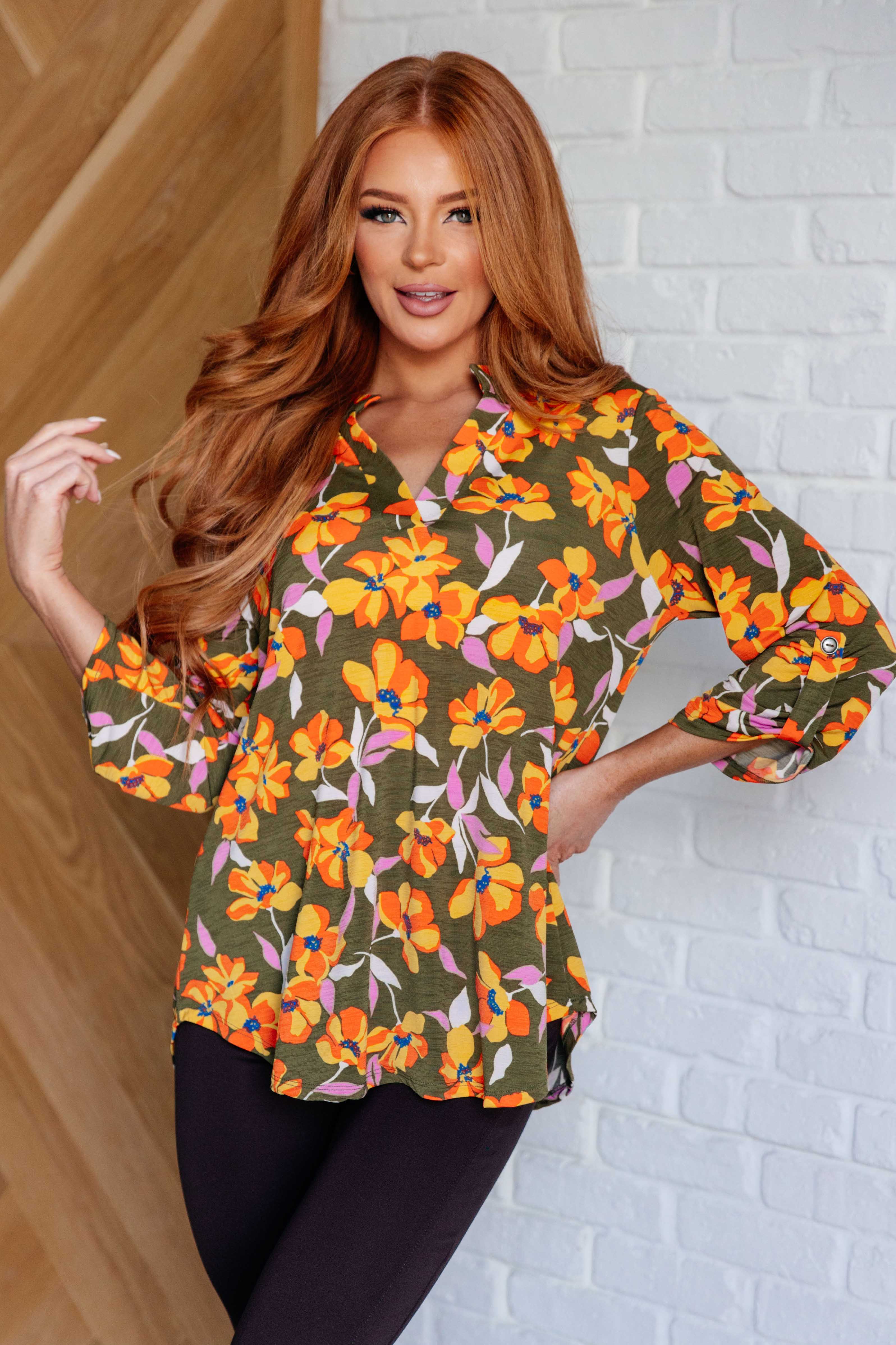 Dear Scarlett Lizzy Top in Olive and Mustard Floral Ave Shops