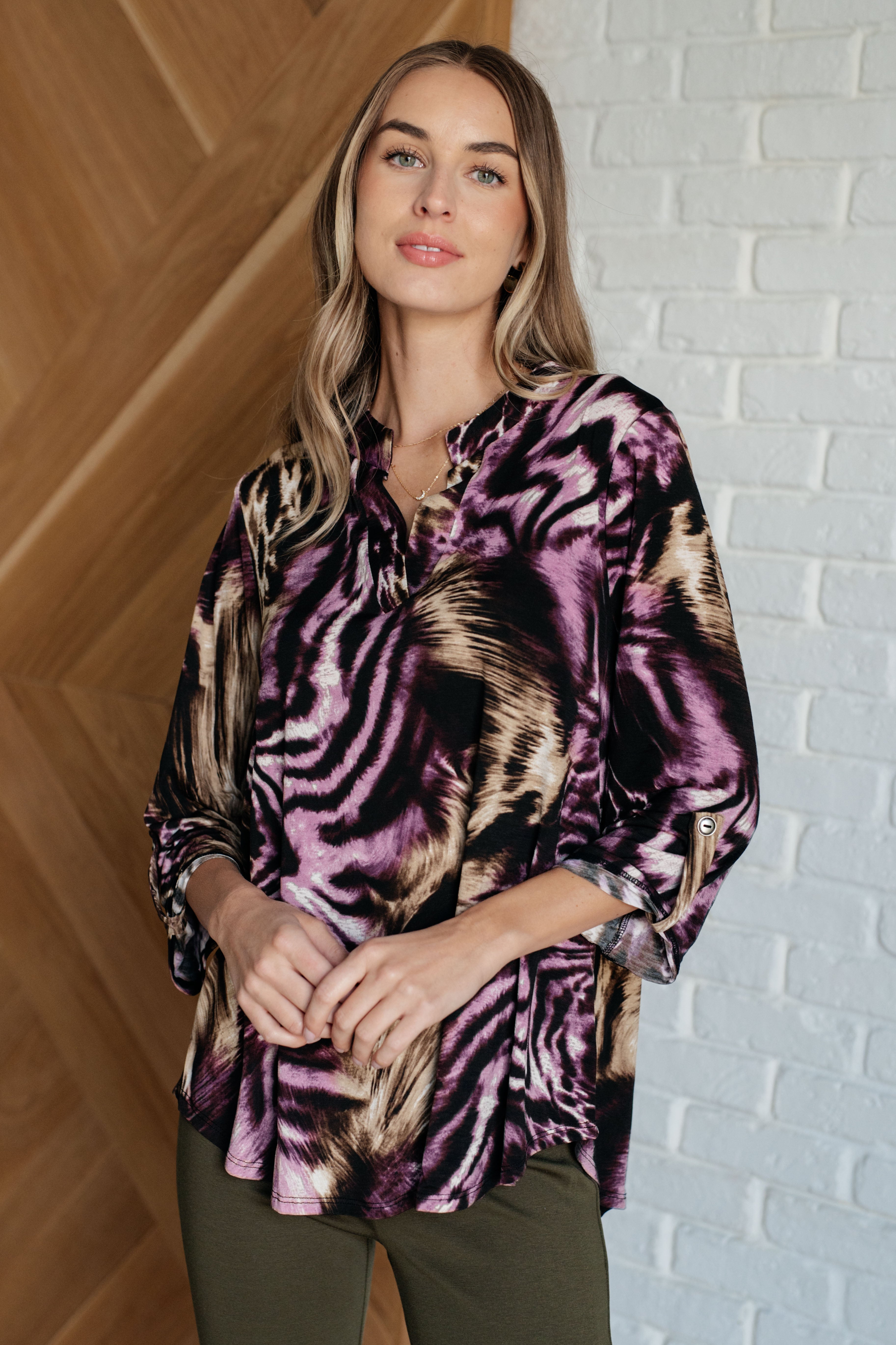 Dear Scarlett Lizzy Top in Purple and Taupe Animal Print Ave Shops