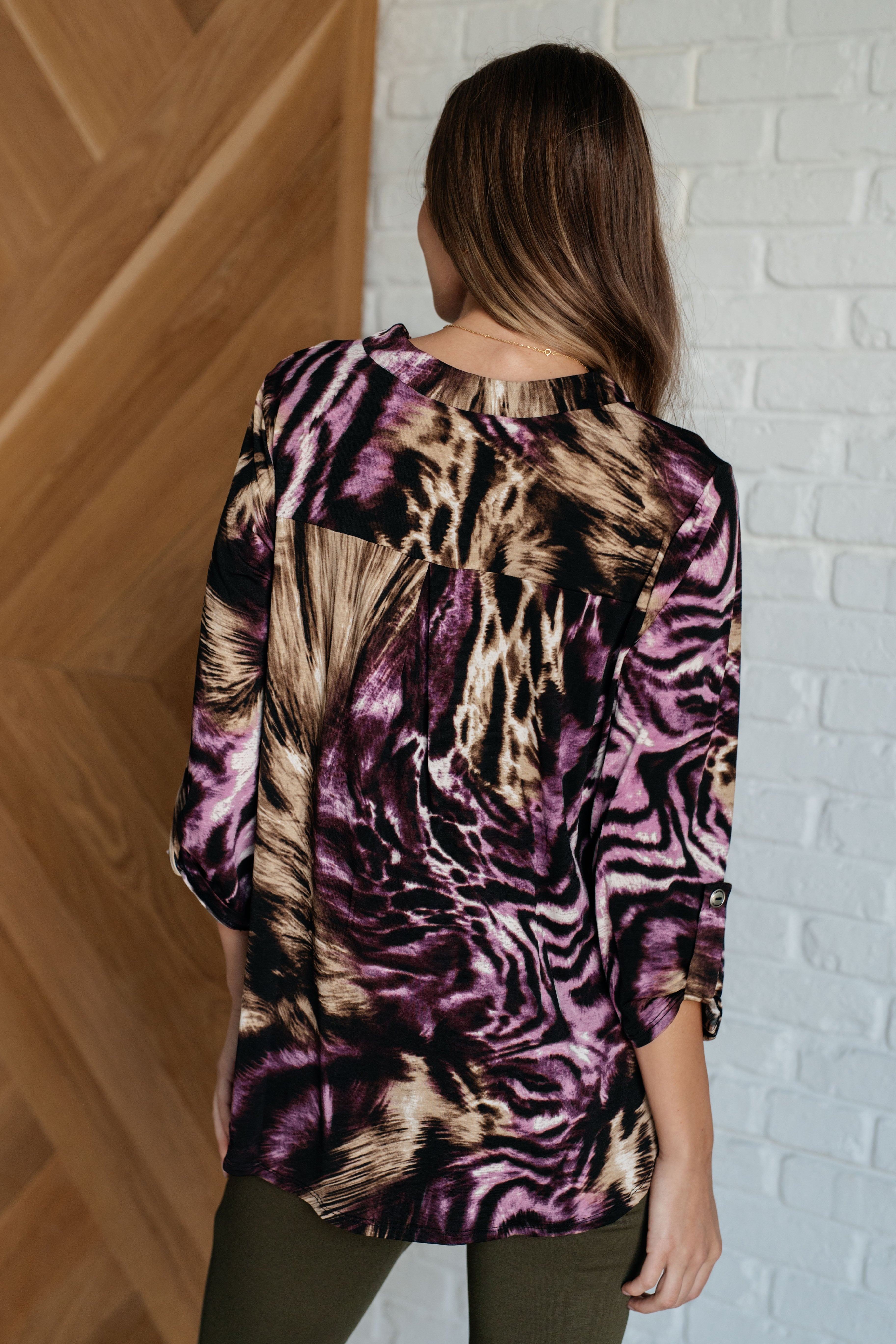 Dear Scarlett Lizzy Top in Purple and Taupe Animal Print Ave Shops