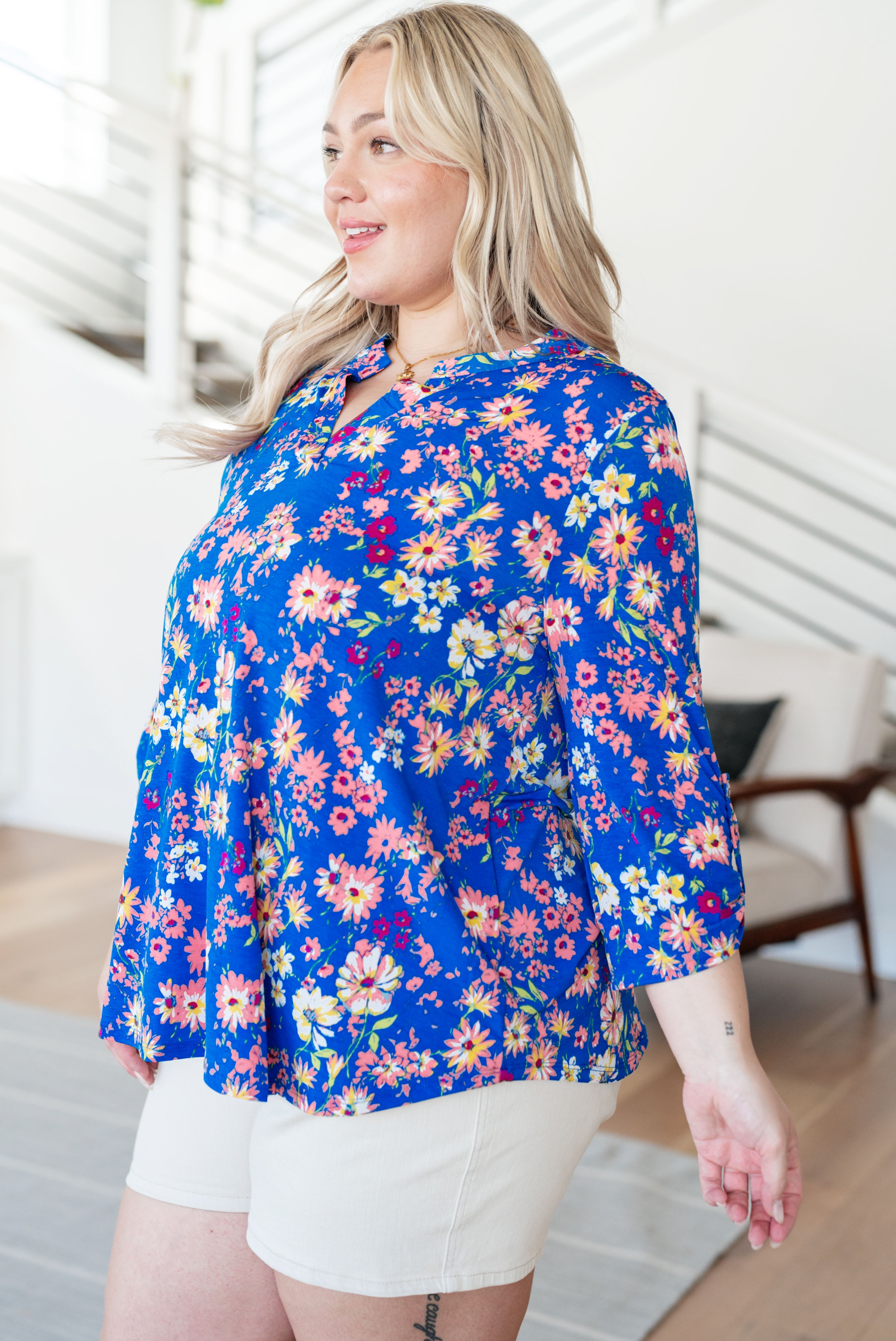 Dear Scarlett Lizzy Top in Royal and Blush Floral Ave Shops