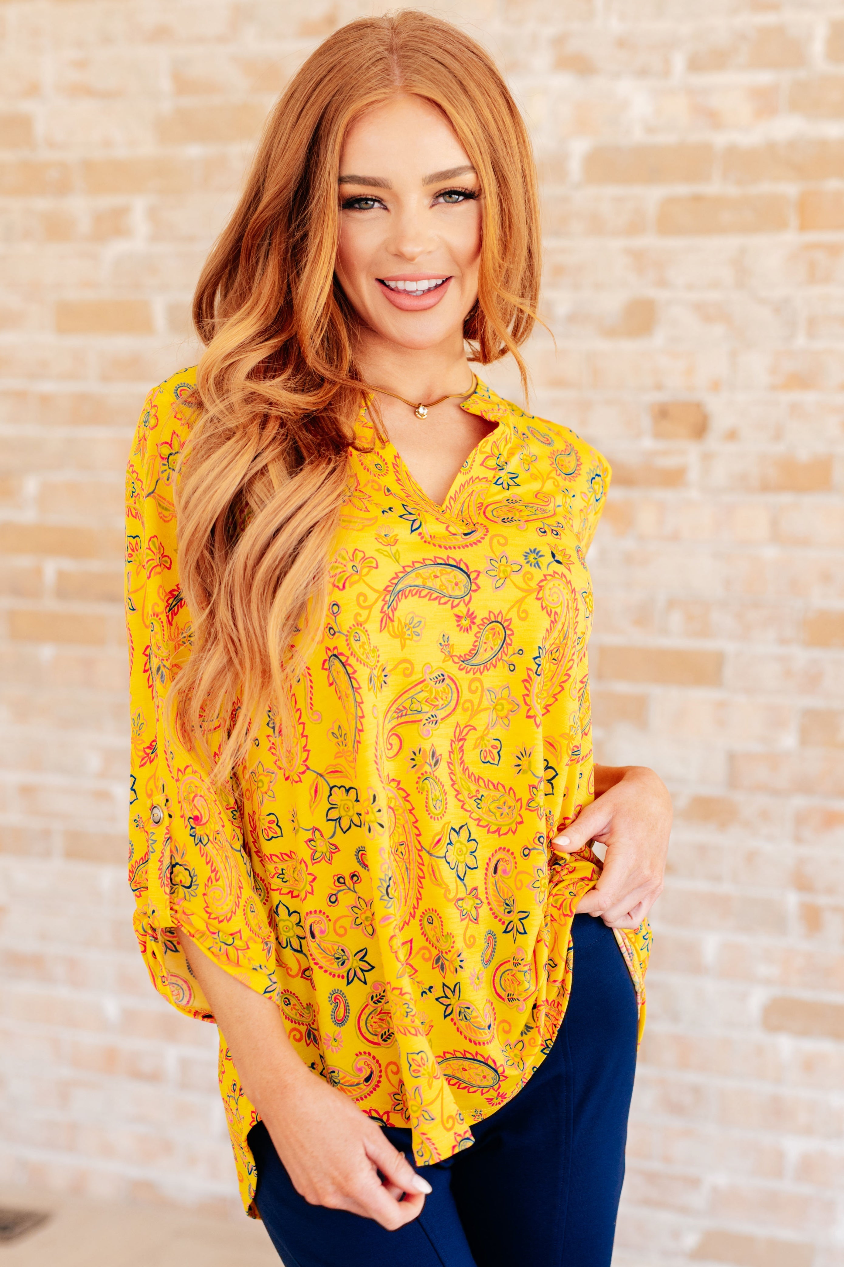 Dear Scarlett Lizzy Top in Yellow and Navy Paisley Ave Shops