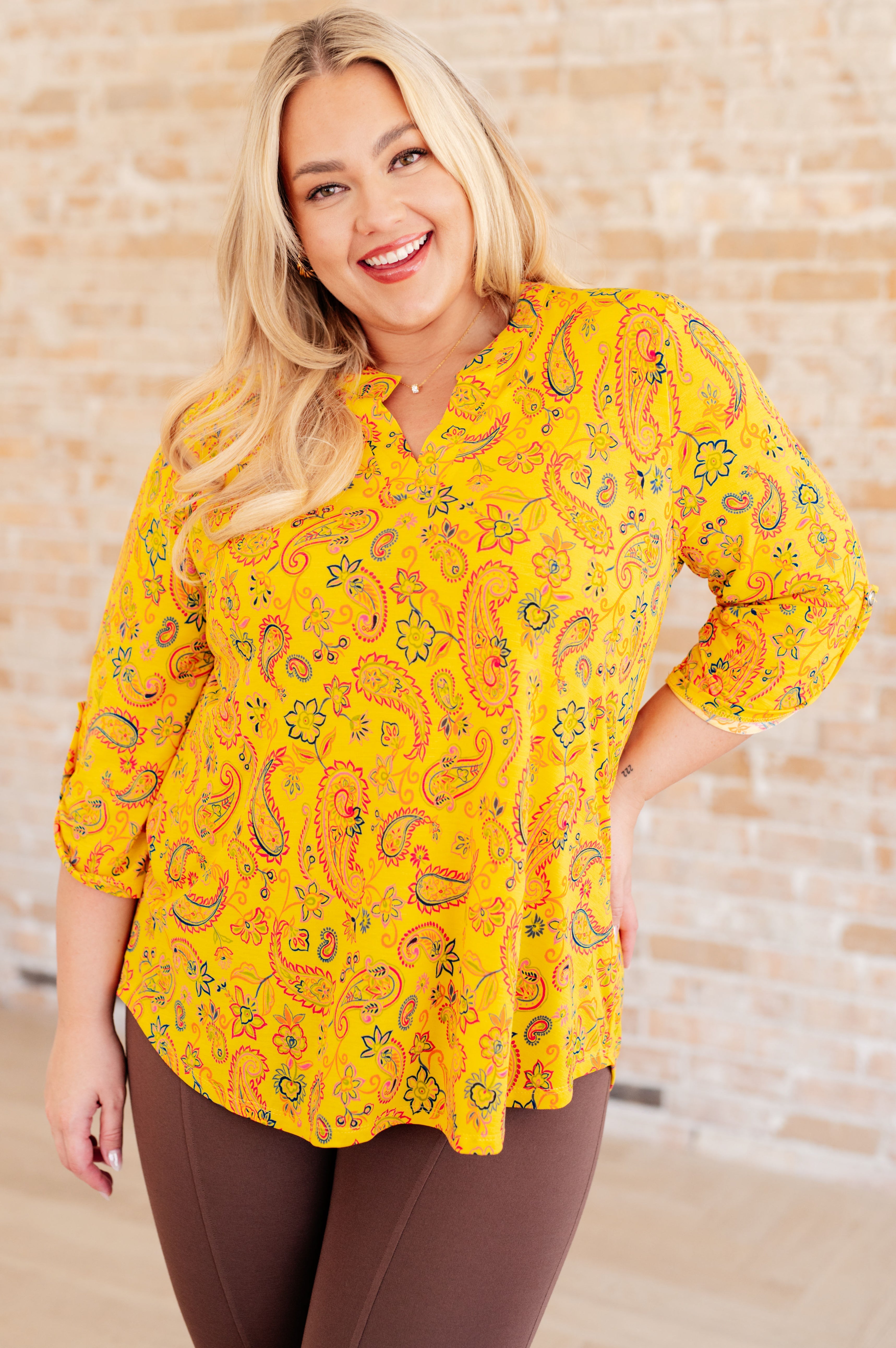Dear Scarlett Lizzy Top in Yellow and Navy Paisley Ave Shops