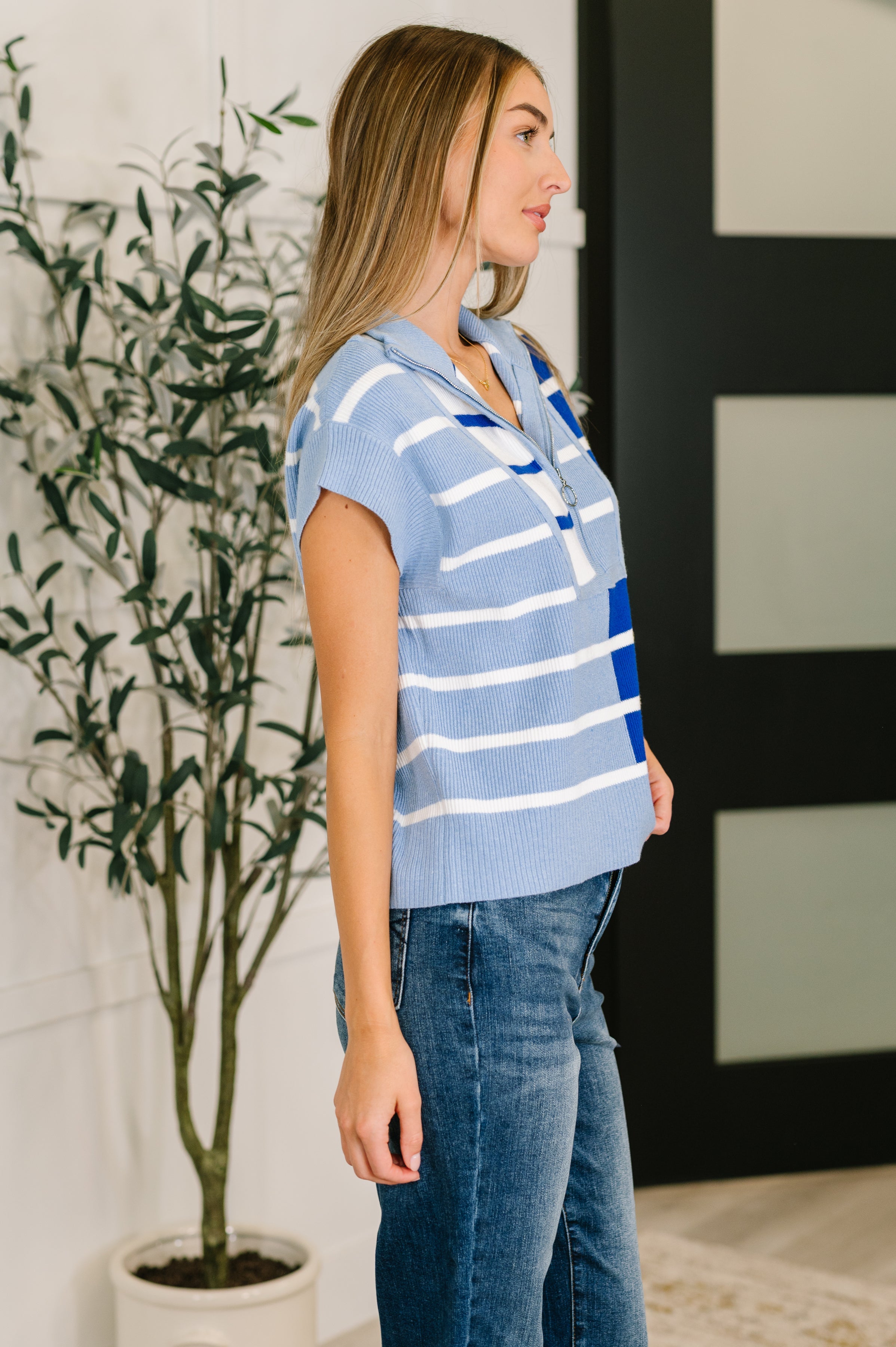 One Eleven North Lonely Traveler Striped Quarter Zip Vest in Blue Womens