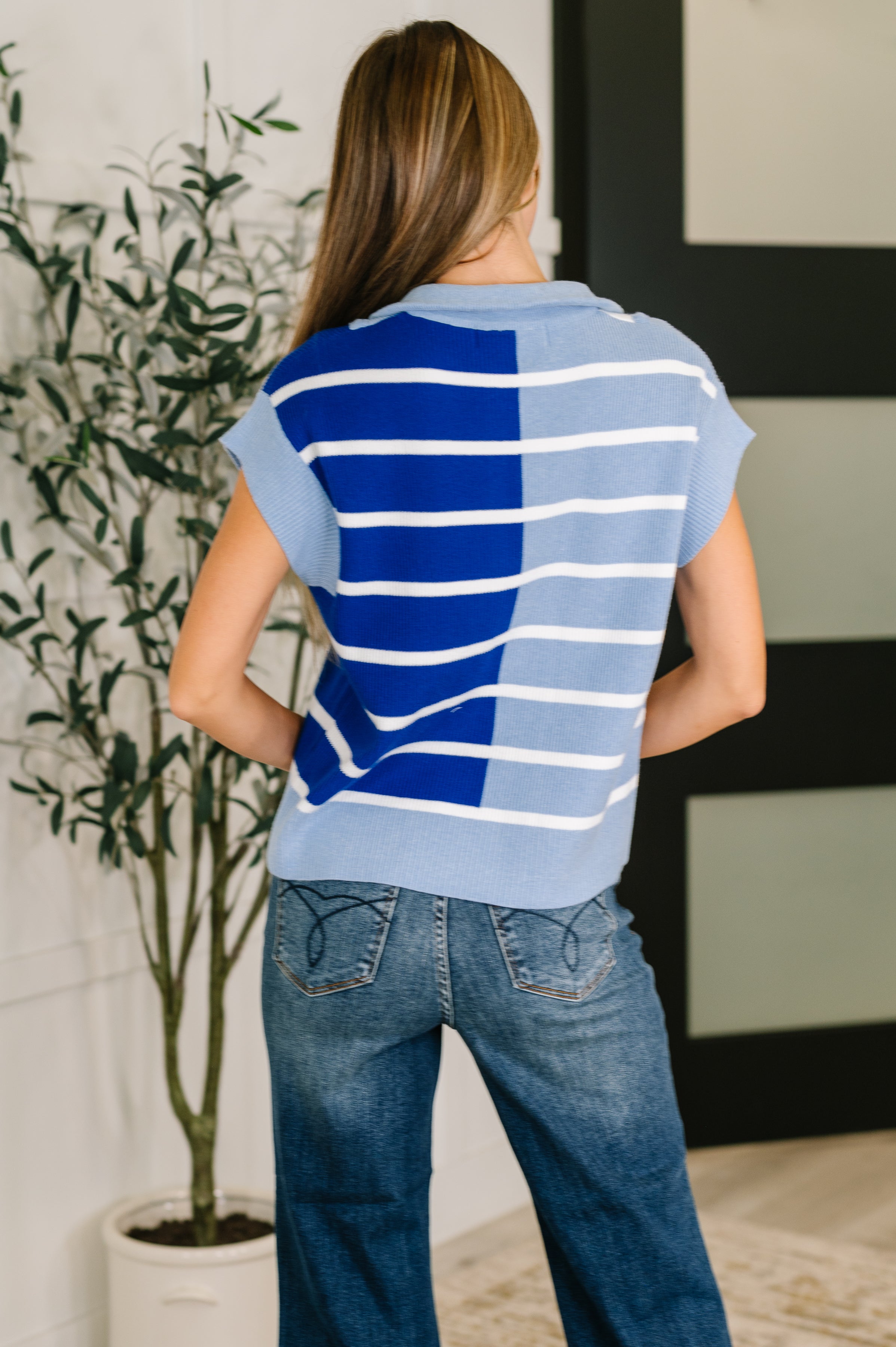 One Eleven North Lonely Traveler Striped Quarter Zip Vest in Blue Womens