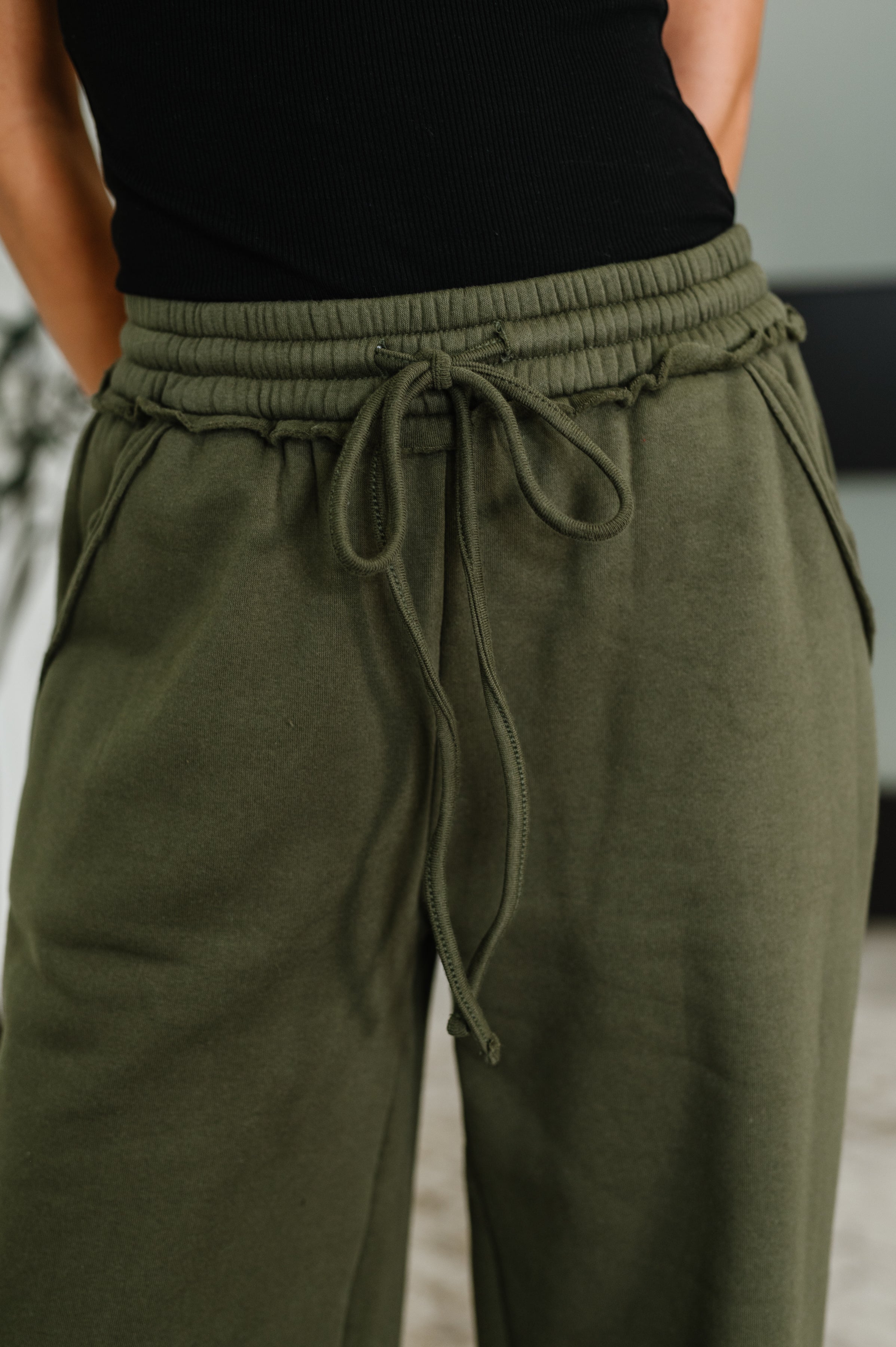 Zenana Lounge Line Wide Leg Sweats in Dark Olive Womens