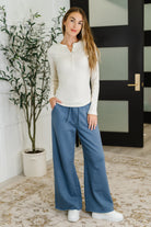 Zenana Lounge Line Wide Leg Sweats in Dusty Blue Womens