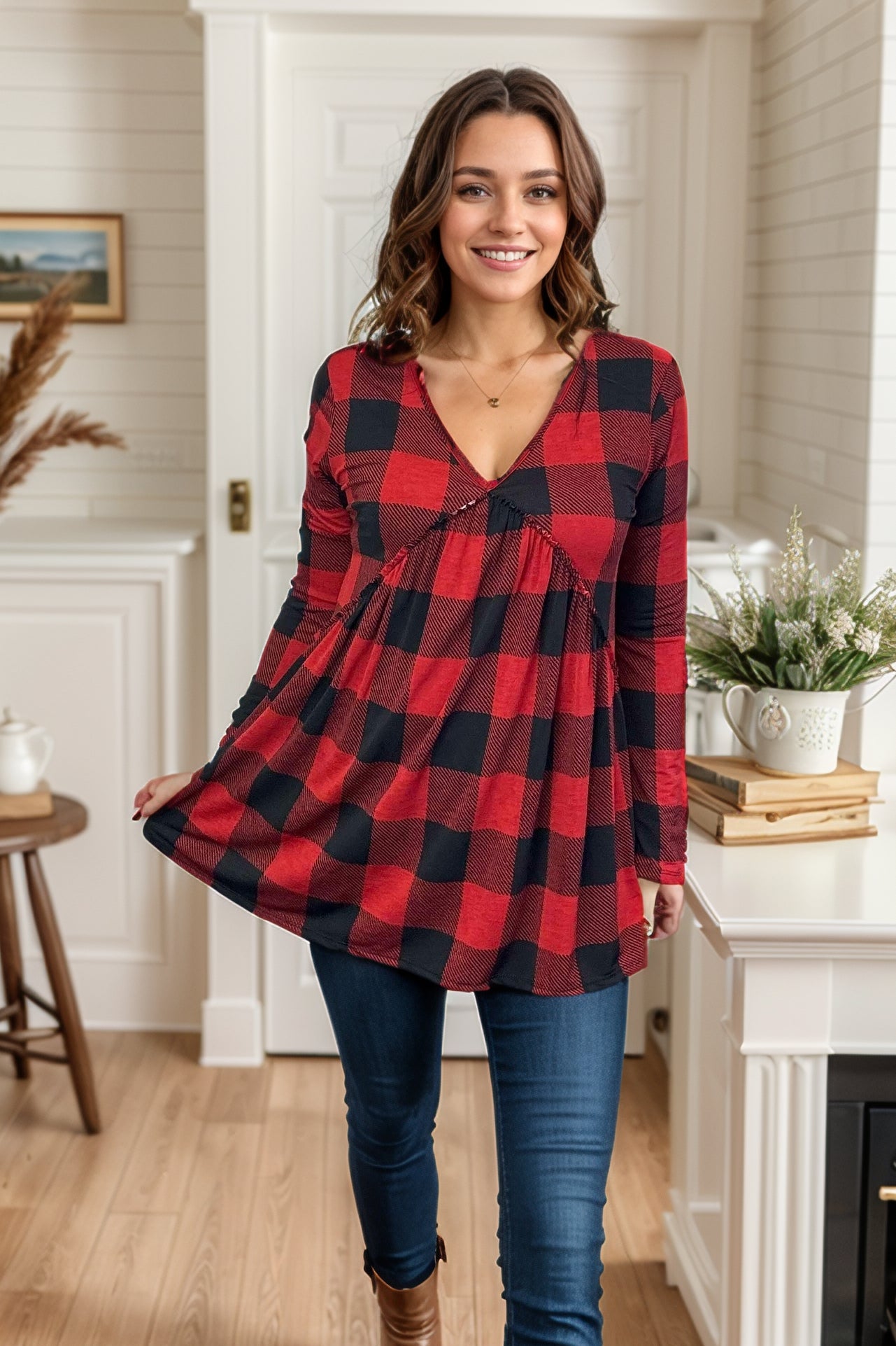 Heimish Christmas Plaid Love Actually Babydoll Top BoutiqueSimplified