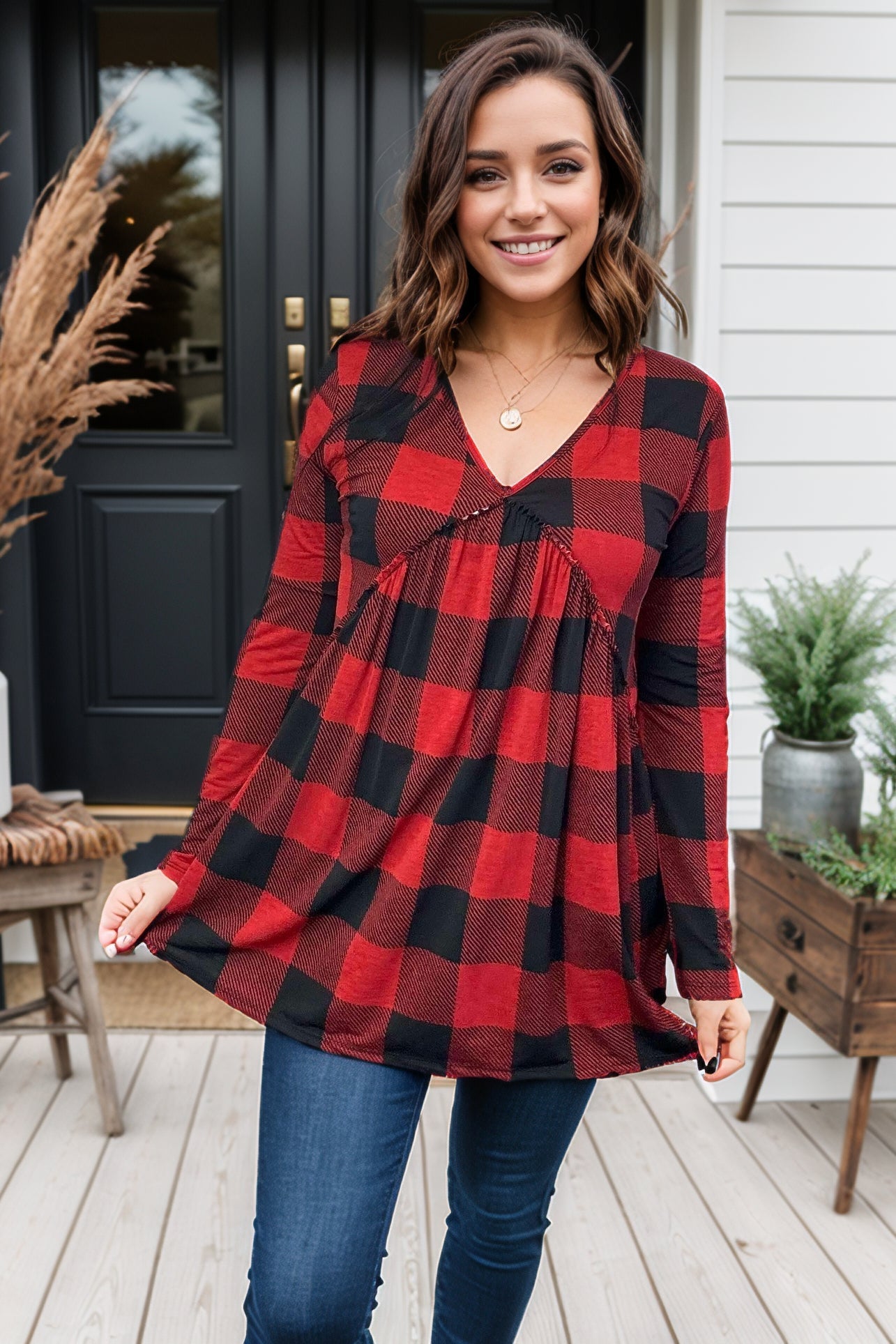 Heimish Christmas Plaid Love Actually Babydoll Top BoutiqueSimplified