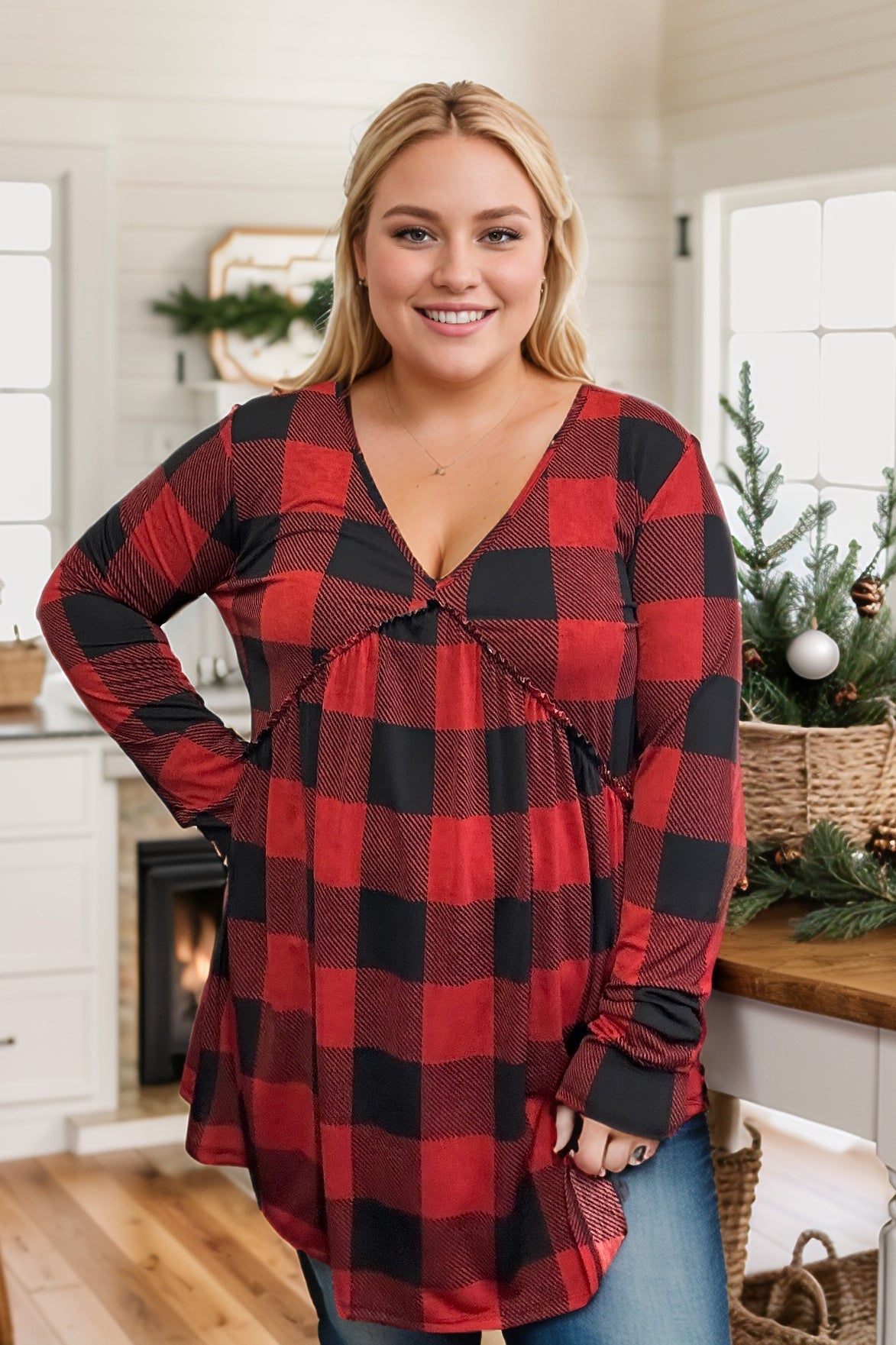 Heimish Christmas Plaid Love Actually Babydoll Top BoutiqueSimplified