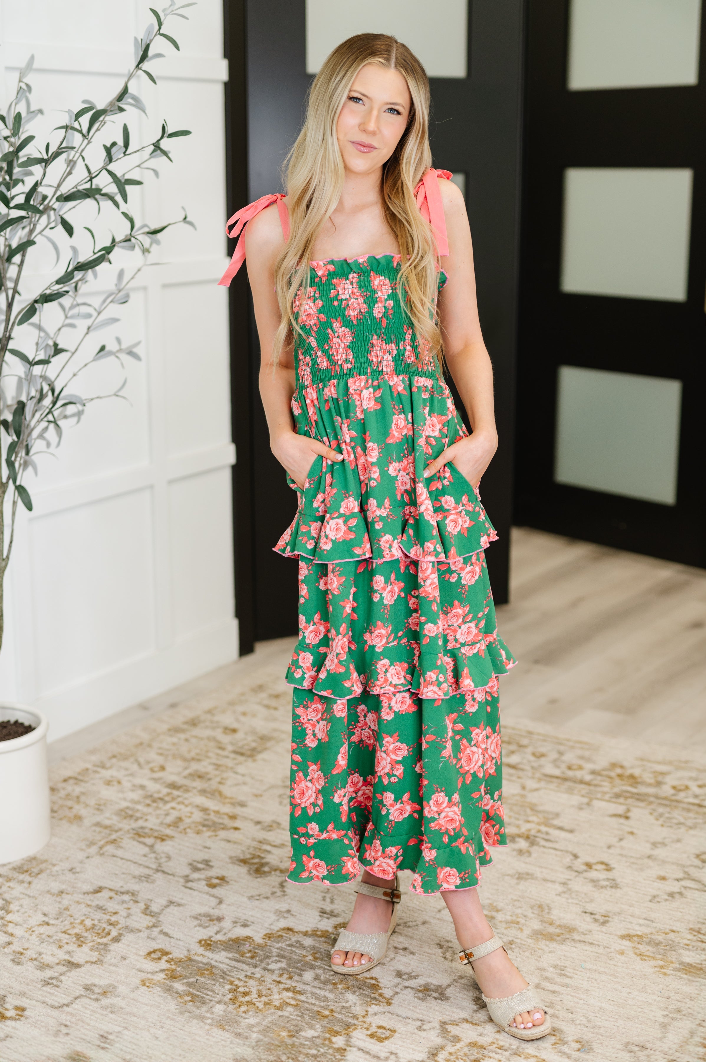 Haptics Low Effort, High Impact Tiered Dress in Green/Coral Womens