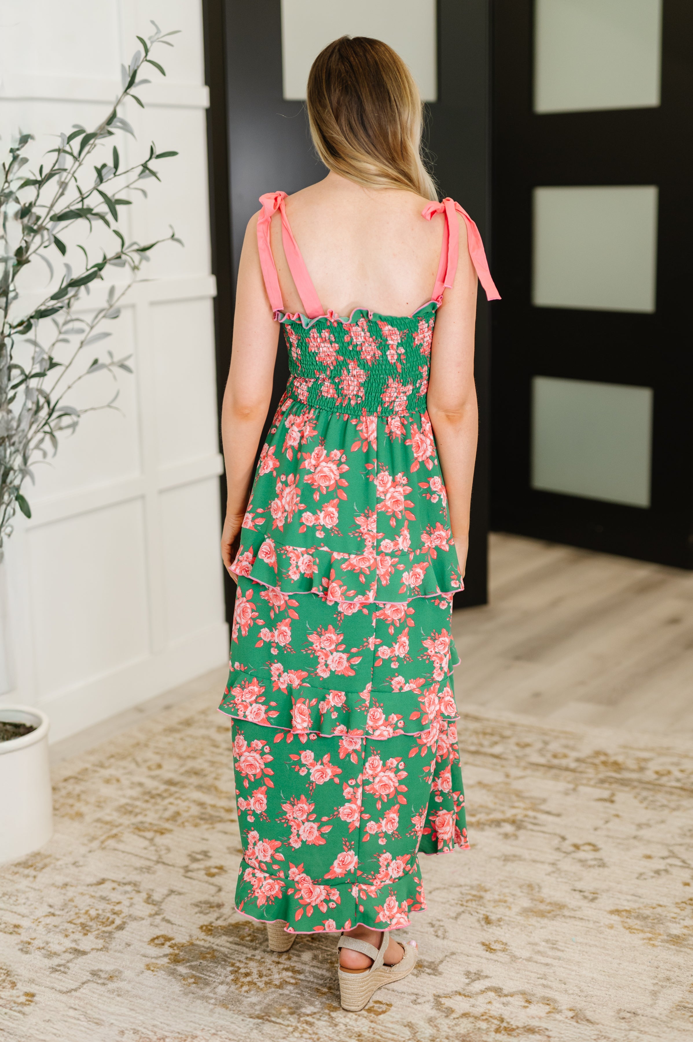 Haptics Low Effort, High Impact Tiered Dress in Green/Coral Womens