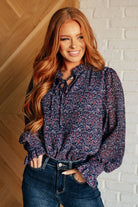 Jodifl Lucid Dream Ruffle Neckline Blouse in Navy Ave Shops