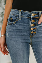 Judy Blue Marion Mid Rise Button Fly Flare with Destroy Fray Hem Womens