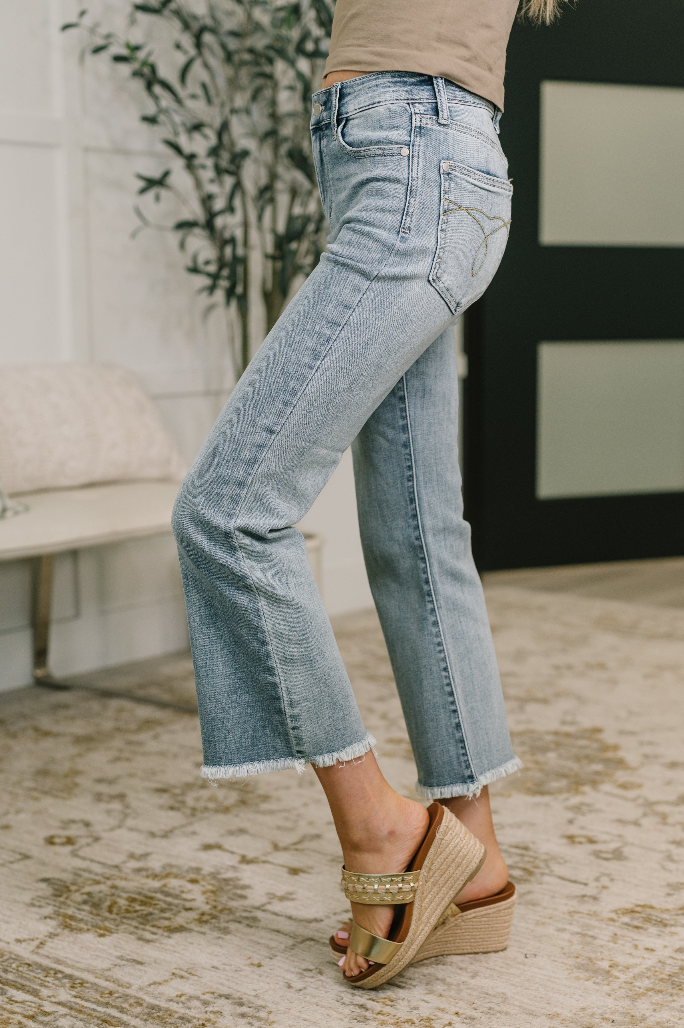 Mckaylee Mid Rise Kick Flare Jeans with Frayed Hem – Ruby Idol Apparel
