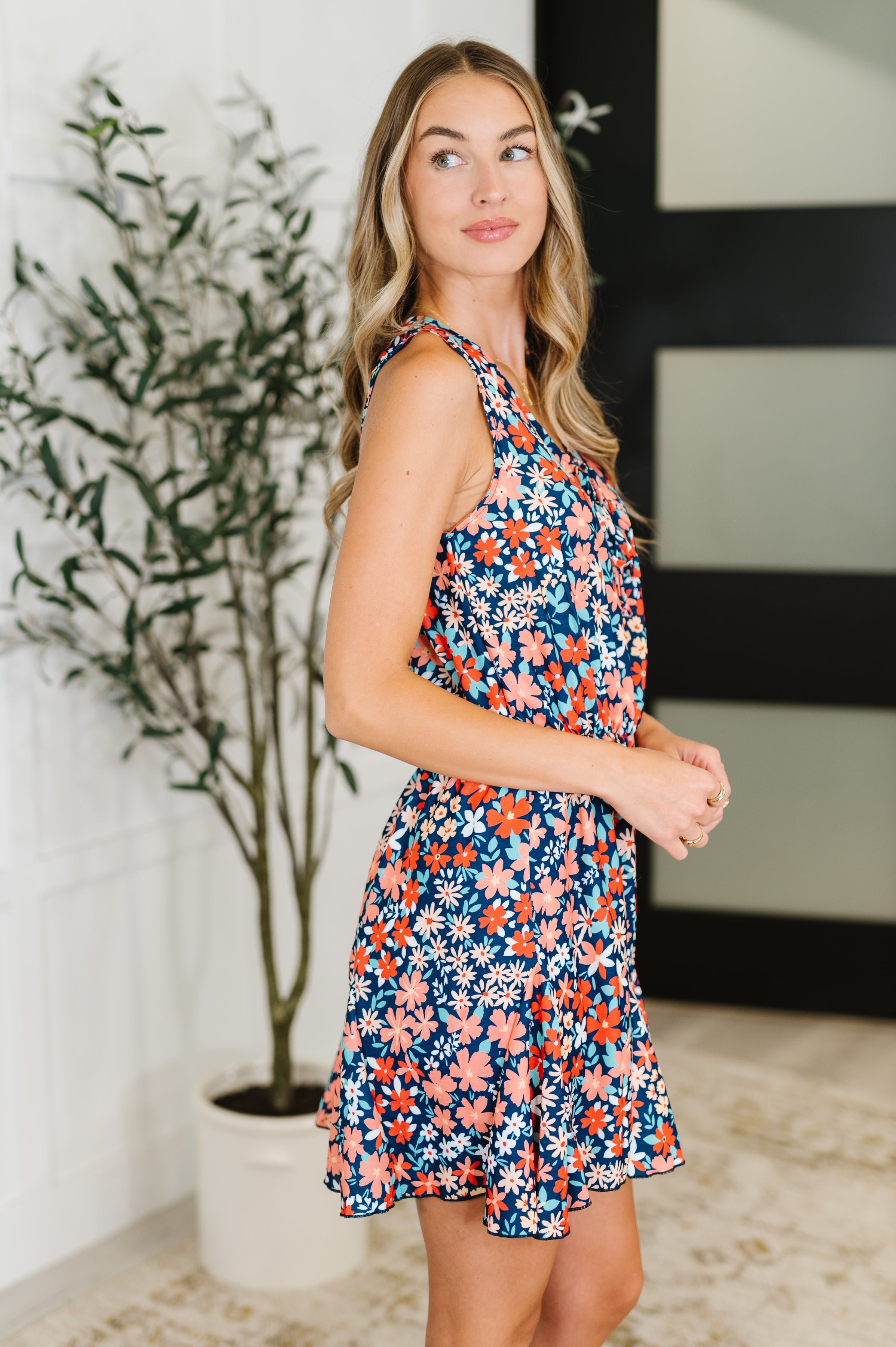 Haptics Meadow Mischief Sleeveless Dress in Navy/Orange/Teal Womens