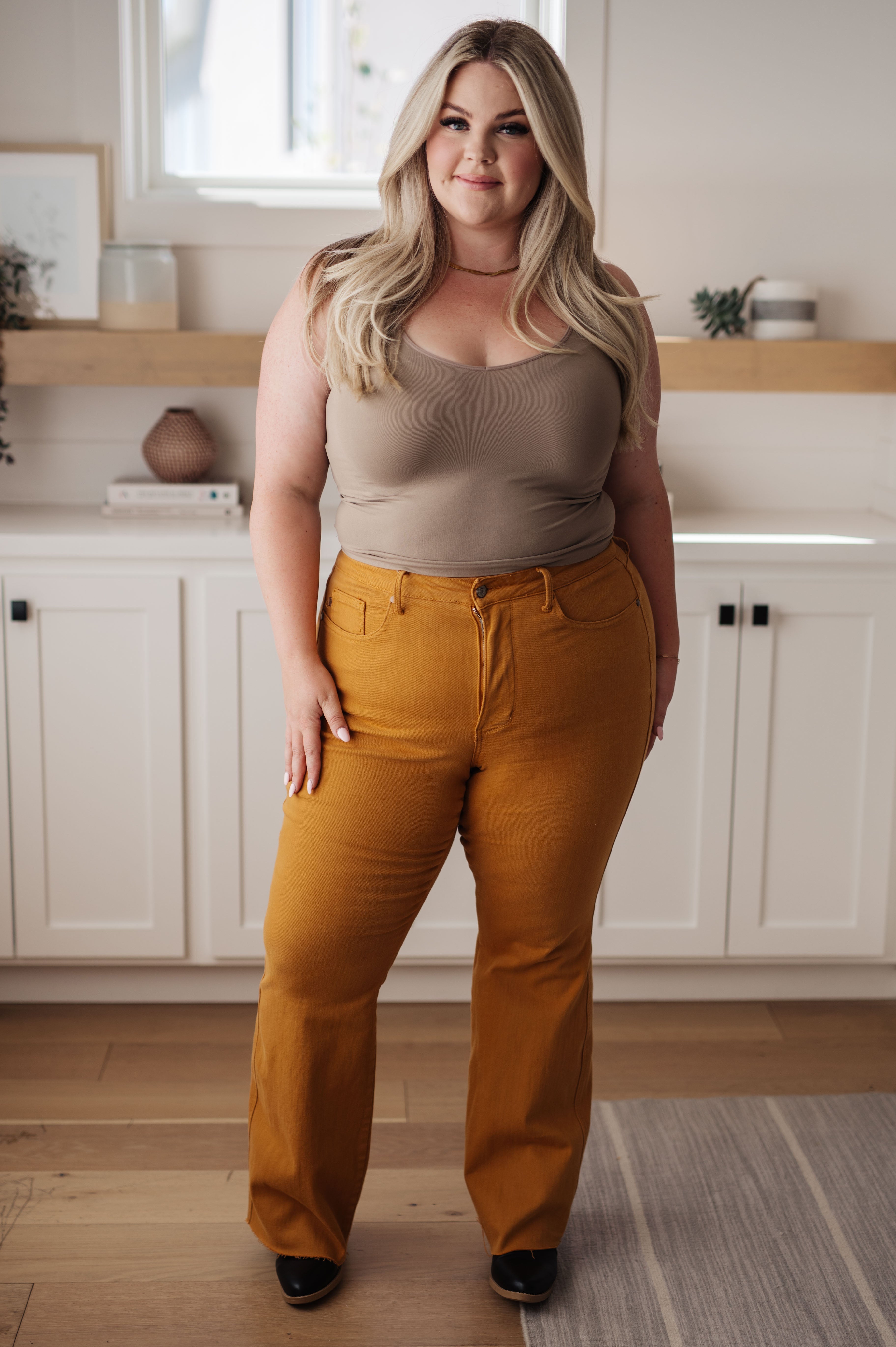 Judy Blue Melinda High Rise Control Top Flare Jeans in Marigold Denim