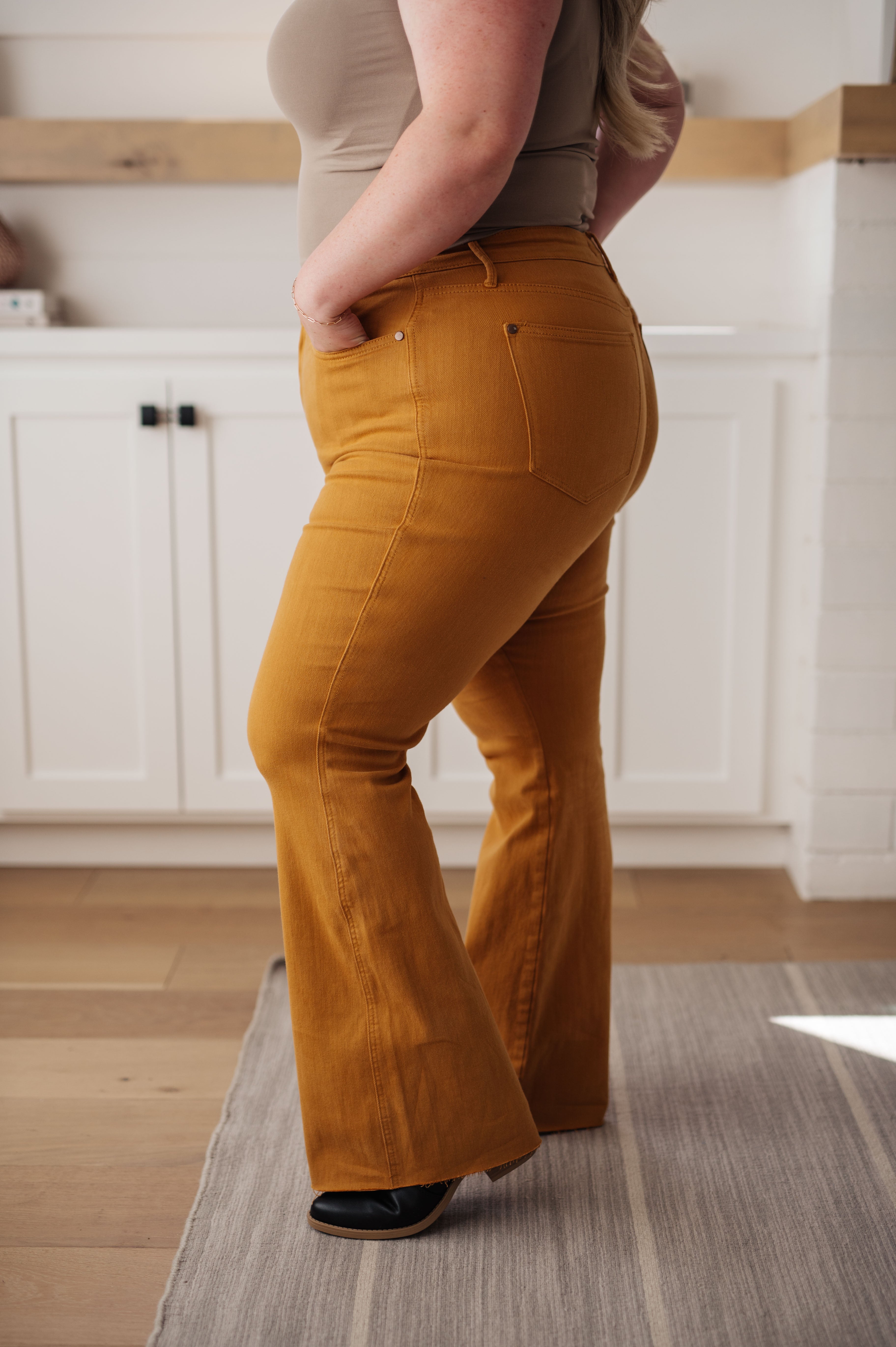 Judy Blue Melinda High Rise Control Top Flare Jeans in Marigold Denim