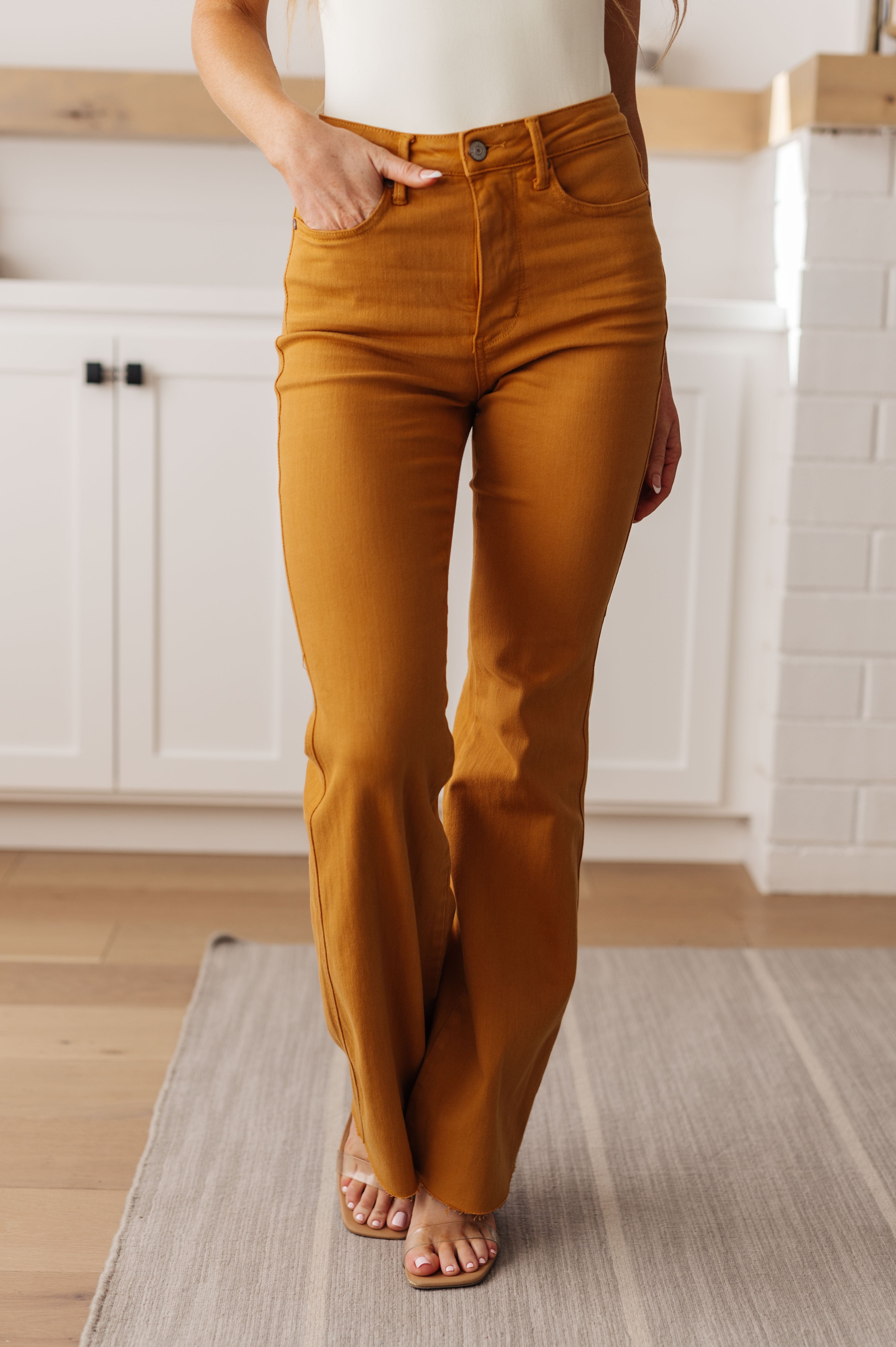 Judy Blue Melinda High Rise Control Top Flare Jeans in Marigold Denim
