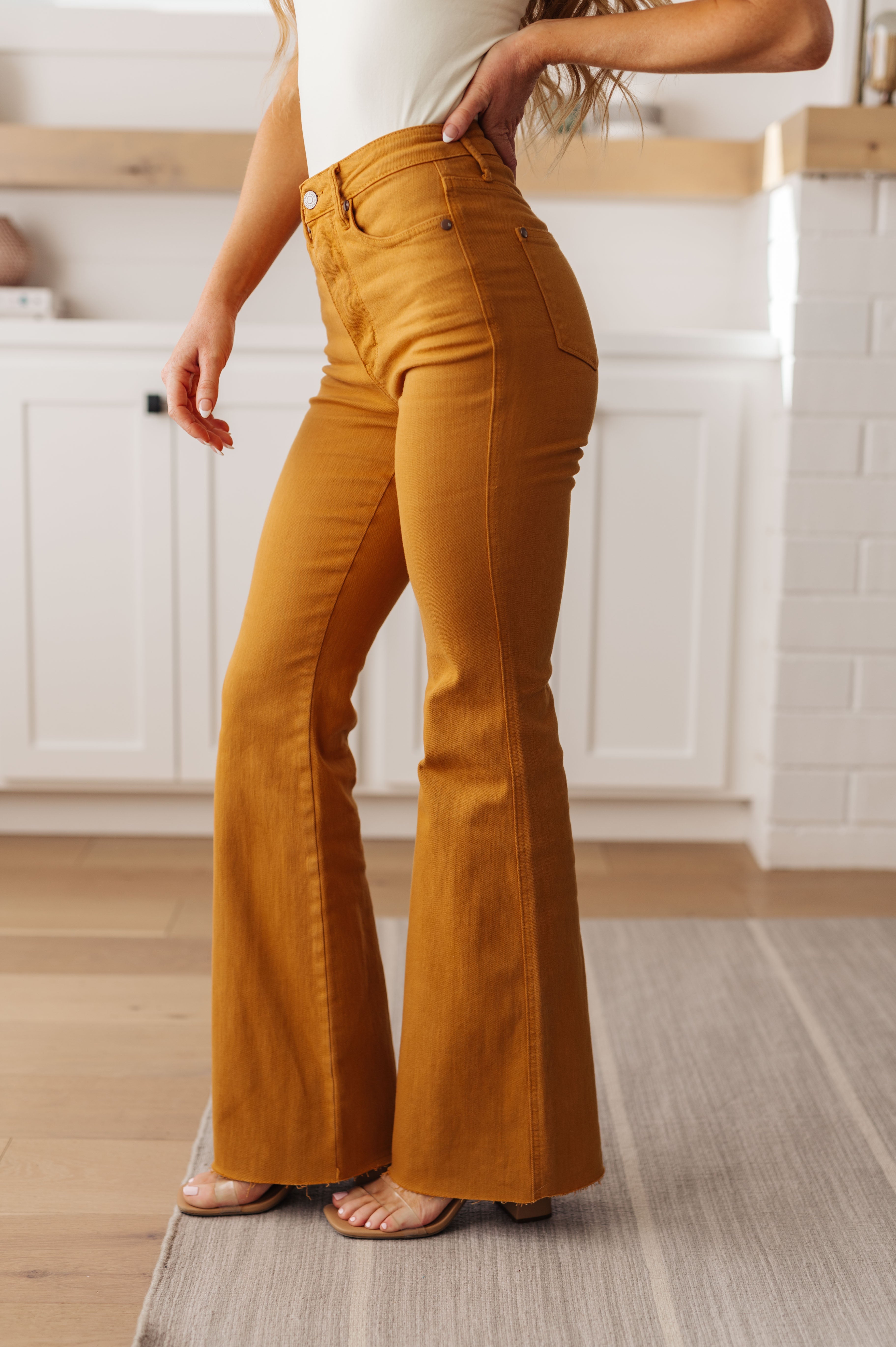 Judy Blue Melinda High Rise Control Top Flare Jeans in Marigold Denim