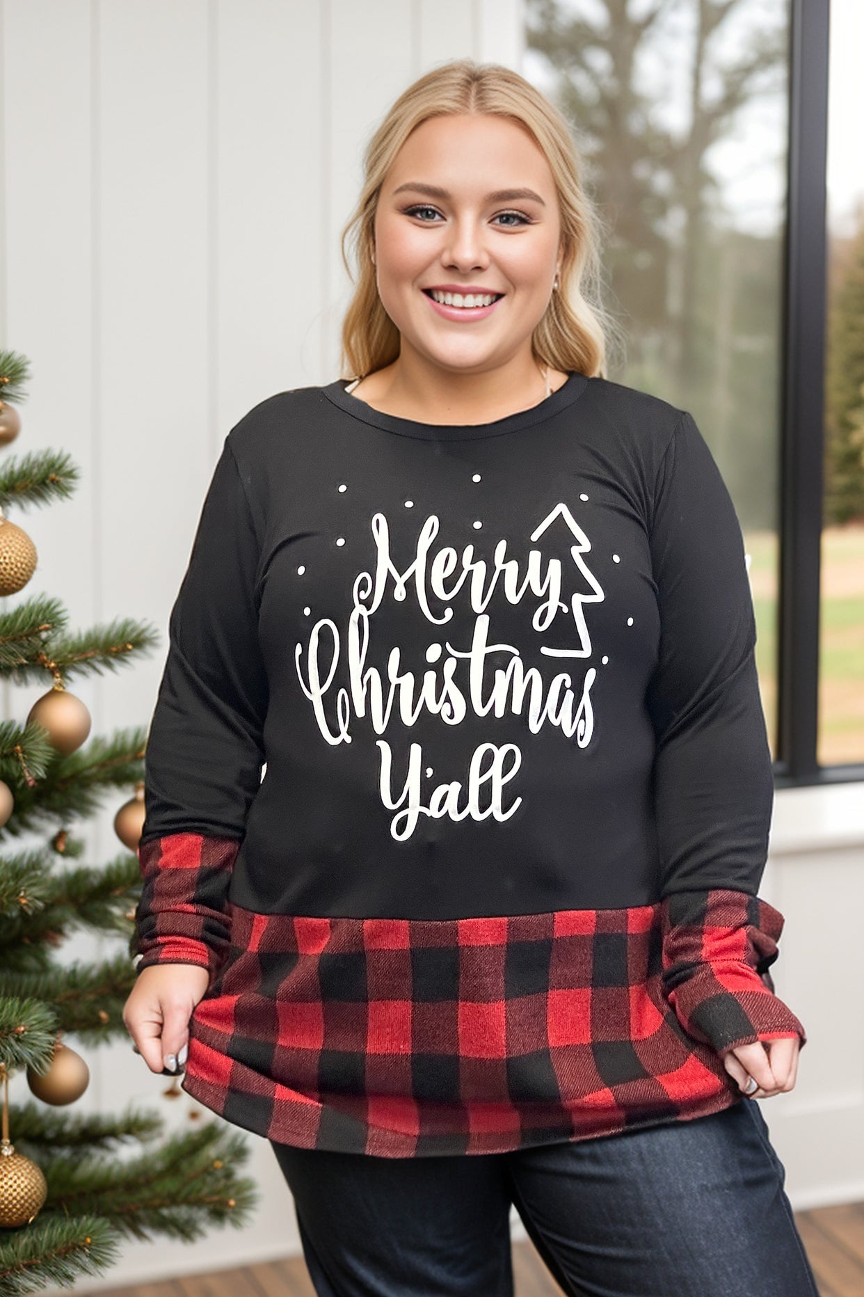 Heimish Merry Christmas Y'all Pullover with Plaid BoutiqueSimplified