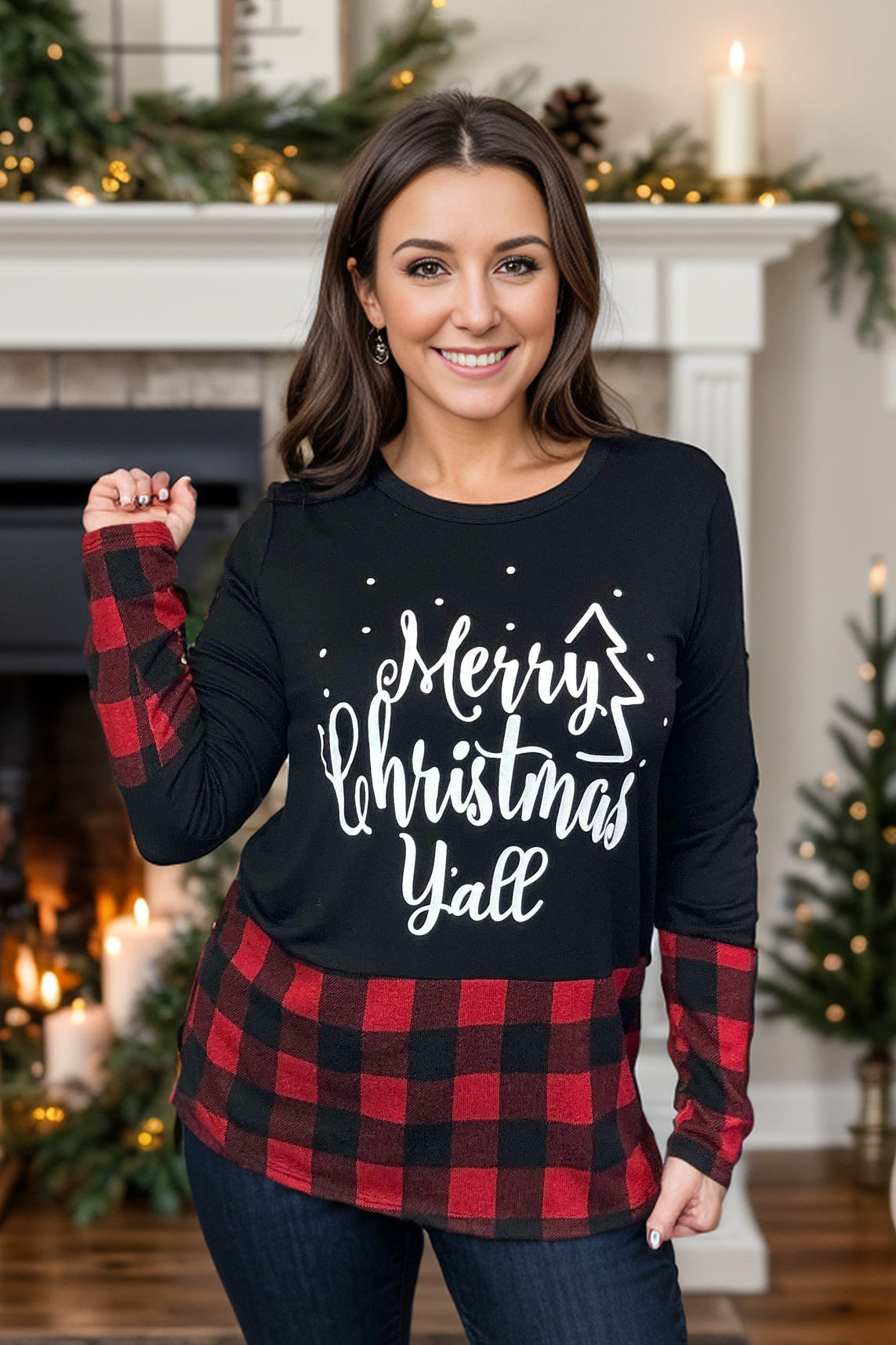 Heimish Merry Christmas Y'all Pullover with Plaid BoutiqueSimplified