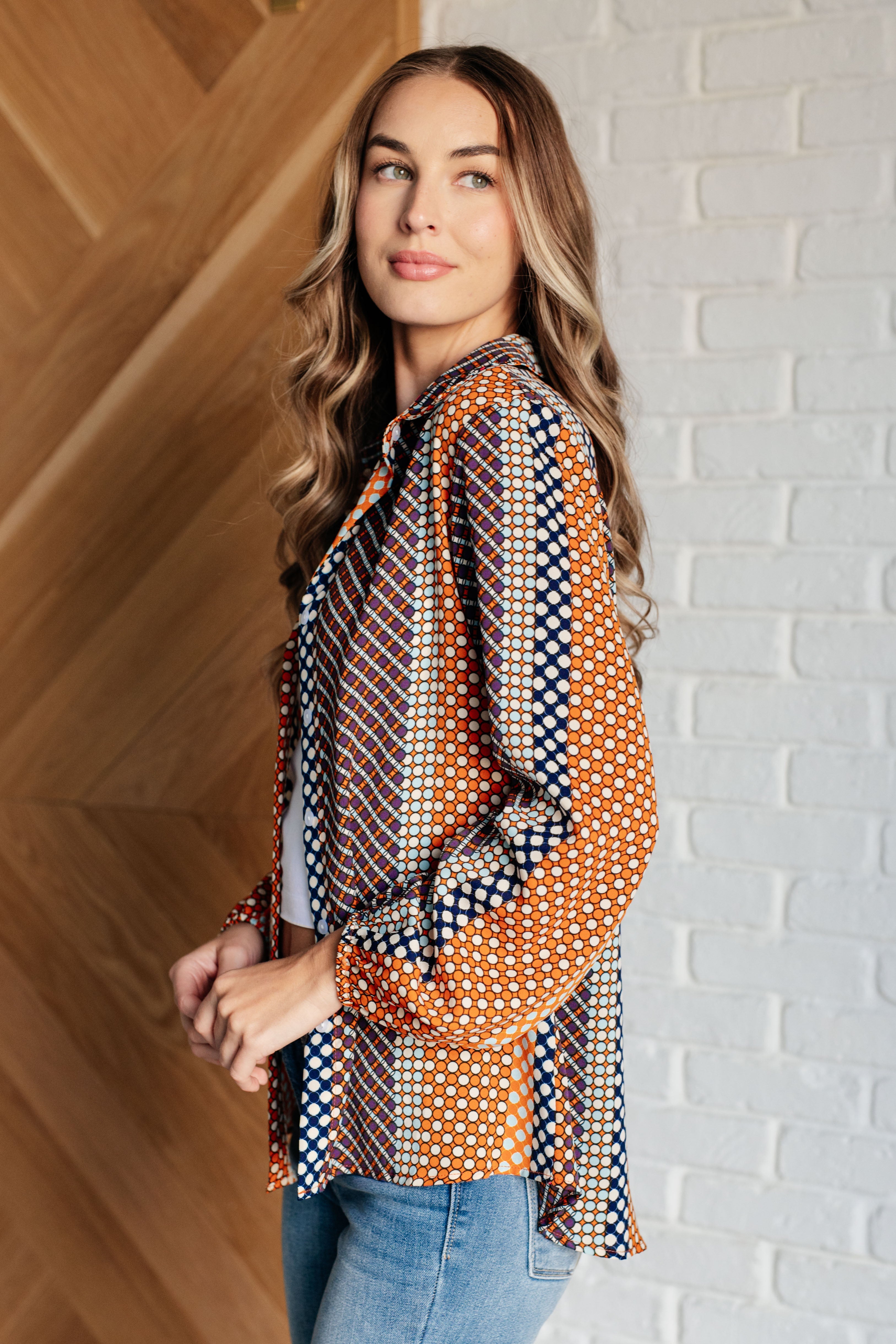 One Eleven North Moderately Mod Polka Dot Button Up Top Tops