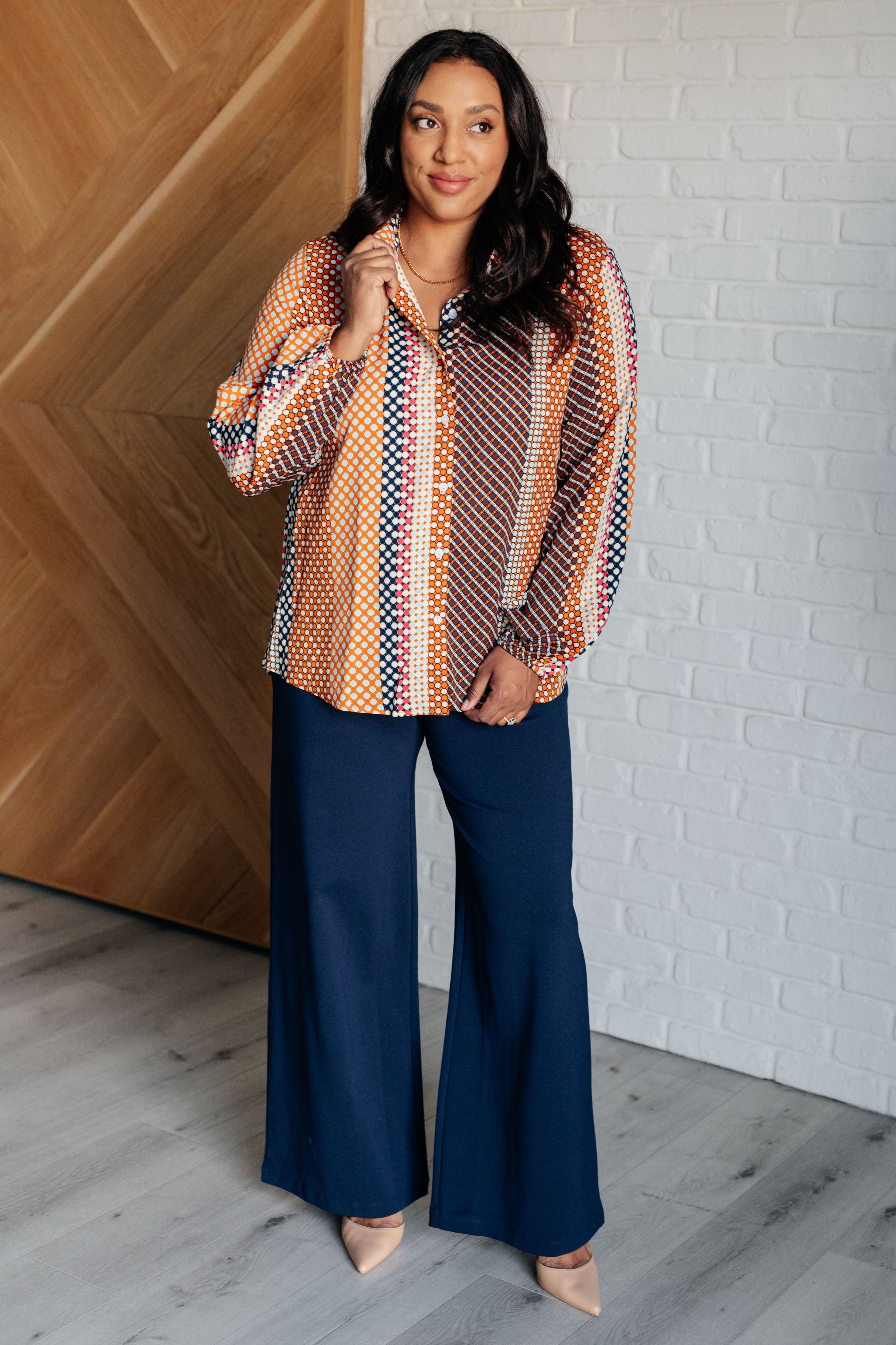 One Eleven North Moderately Mod Polka Dot Button Up Top Tops