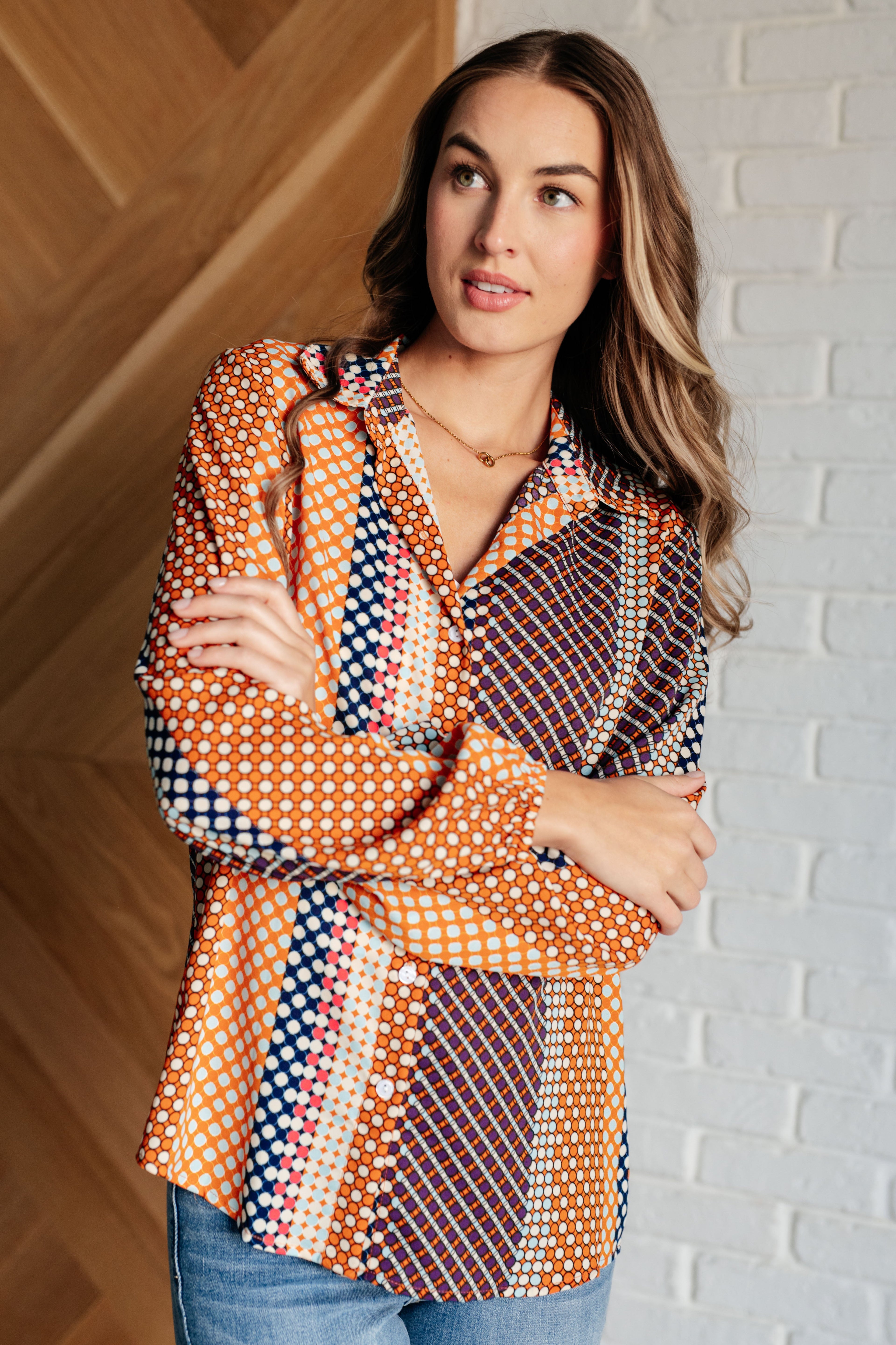 One Eleven North Moderately Mod Polka Dot Button Up Top Tops