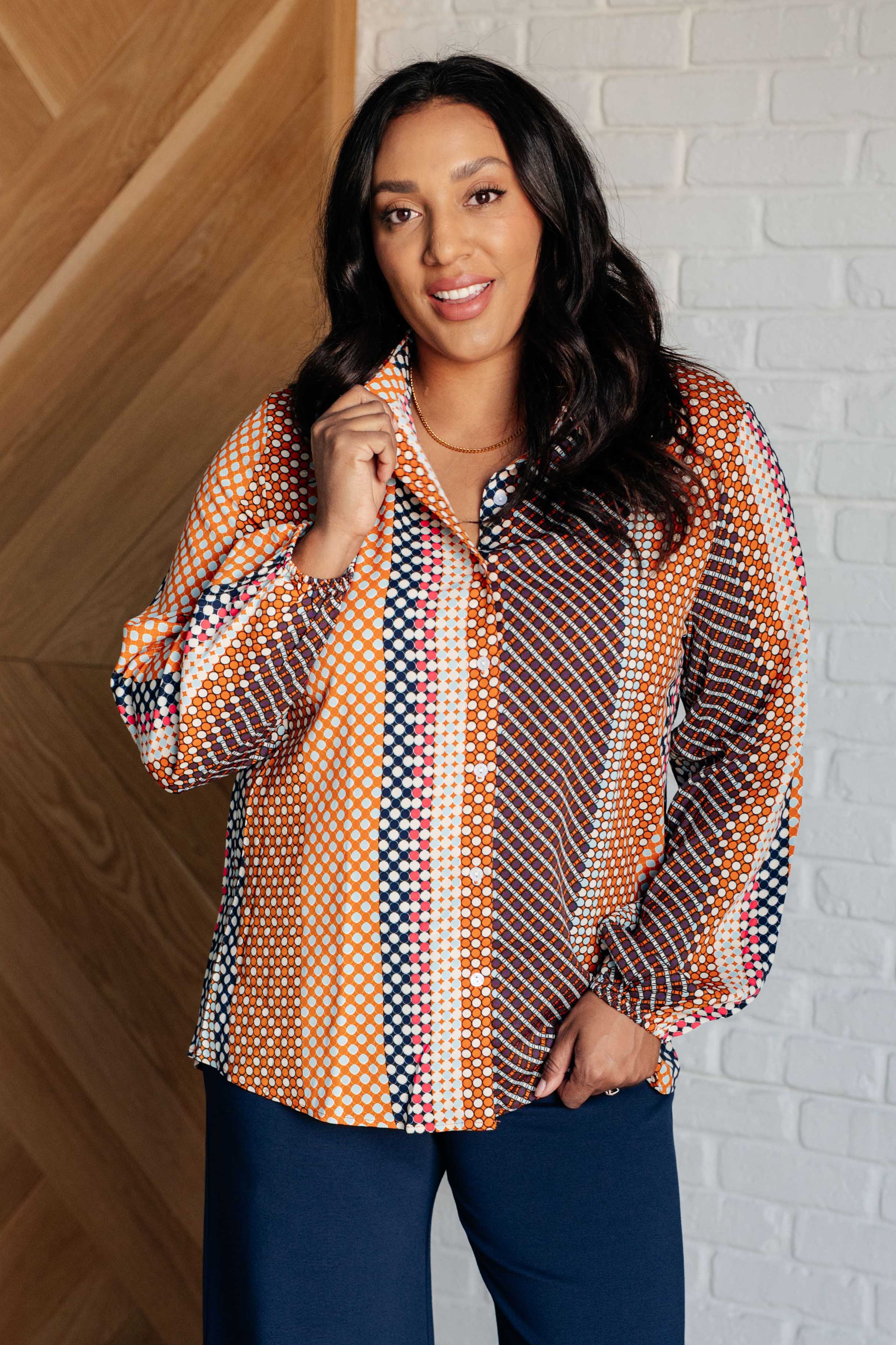 One Eleven North Moderately Mod Polka Dot Button Up Top Tops