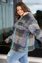 BiBi My Best Effort Teal & Gray Plaid Hooded Shacket Layers