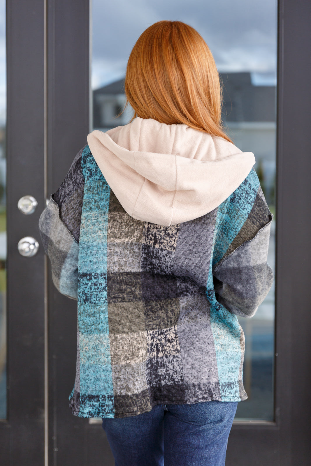 BiBi My Best Effort Teal & Gray Plaid Hooded Shacket Layers