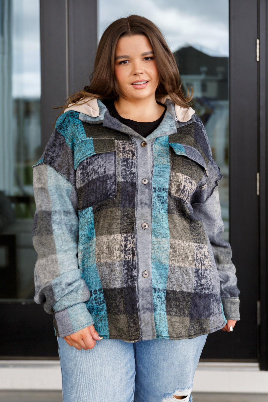 BiBi My Best Effort Teal & Gray Plaid Hooded Shacket Layers