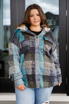 BiBi My Best Effort Teal & Gray Plaid Hooded Shacket Layers