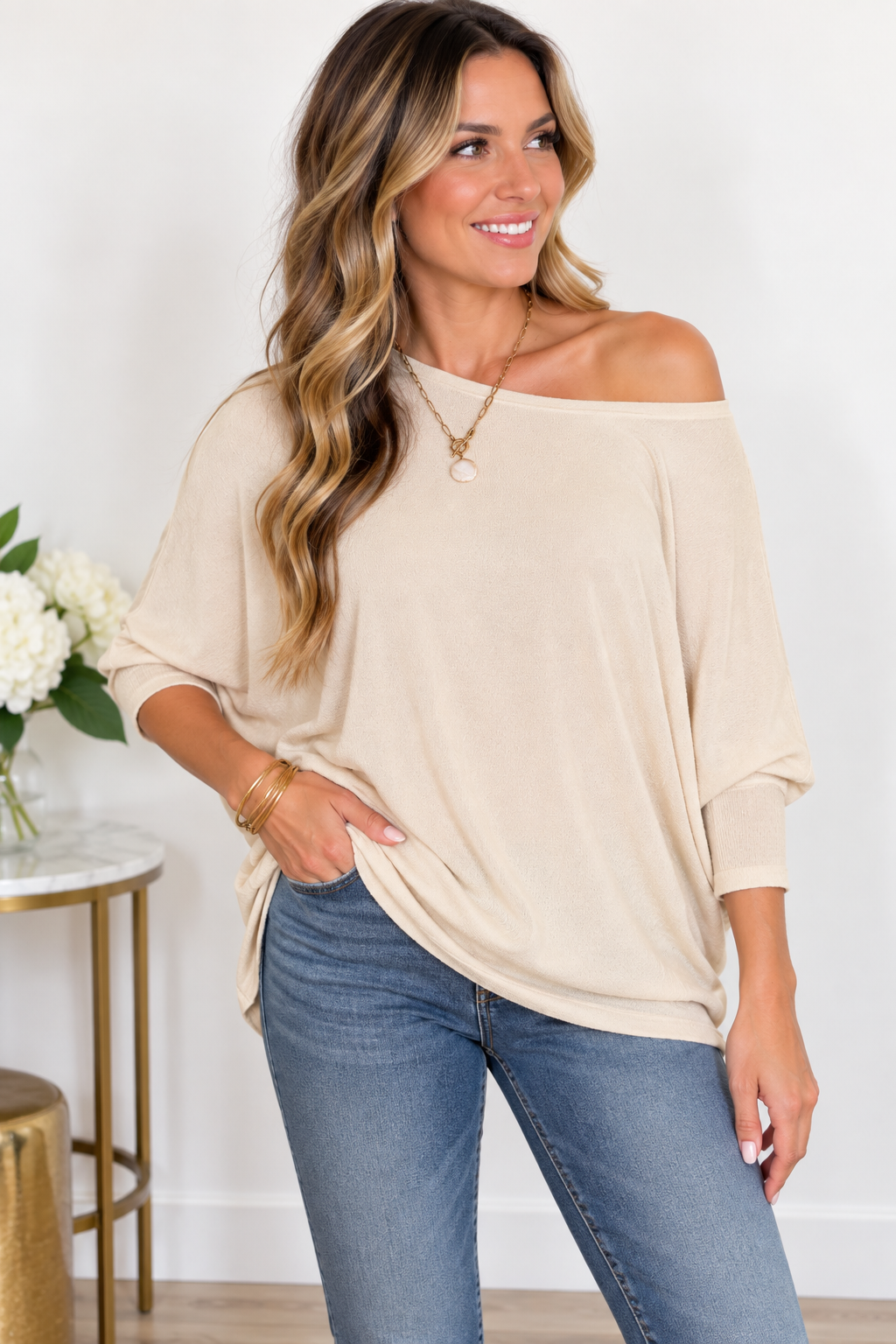 Zenana Naturally Yours Hacci Dolman Sleeve Boat Neck Top in Sand Beige