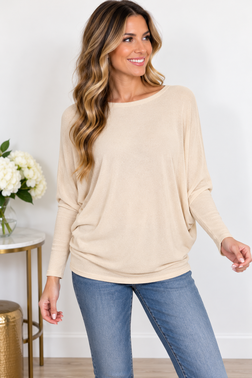 Zenana Naturally Yours Hacci Dolman Sleeve Boat Neck Top in Sand Beige