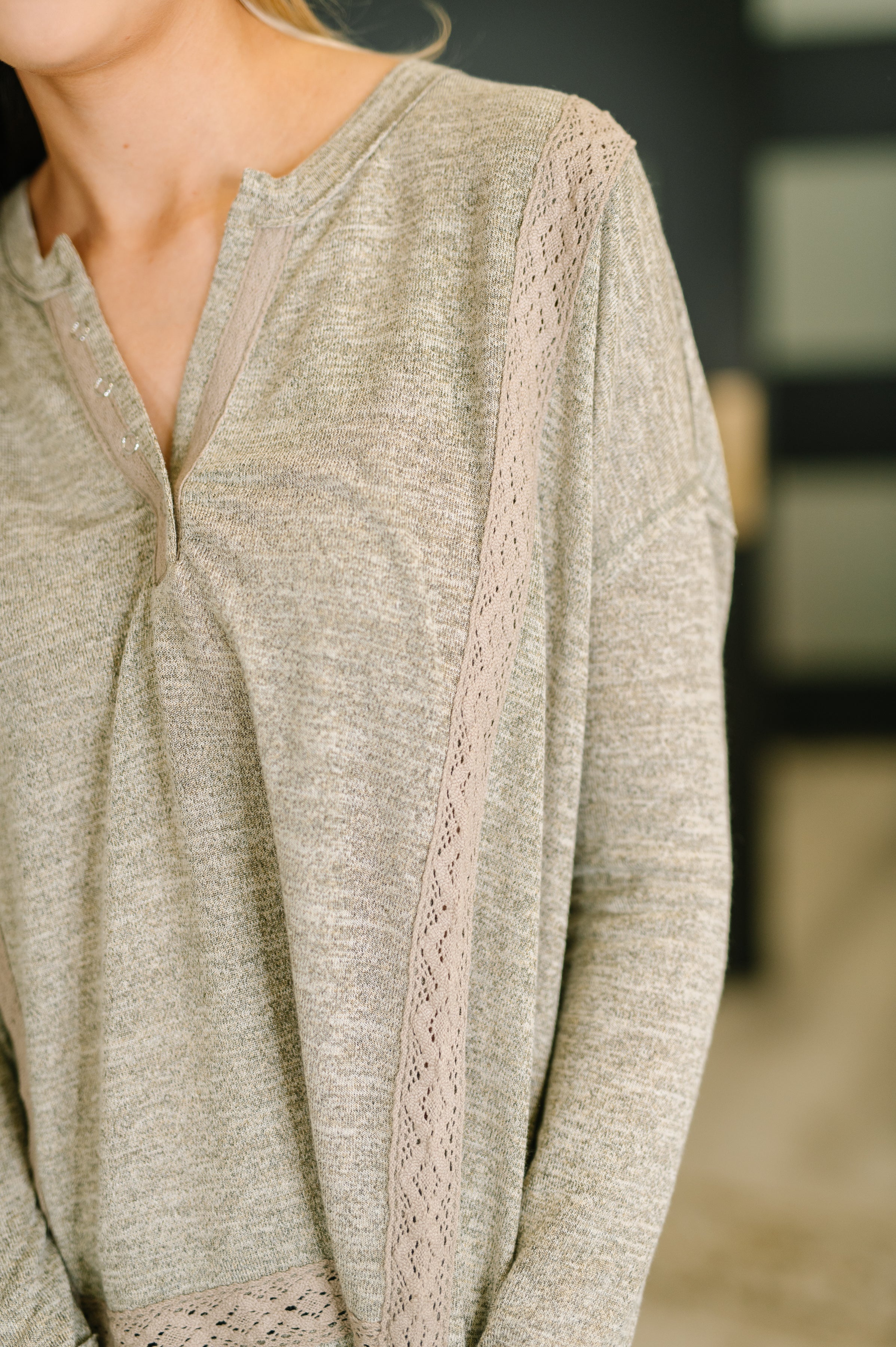 In Loom Never Been So Sure Lace Accent Henley Top in Taupe Womens