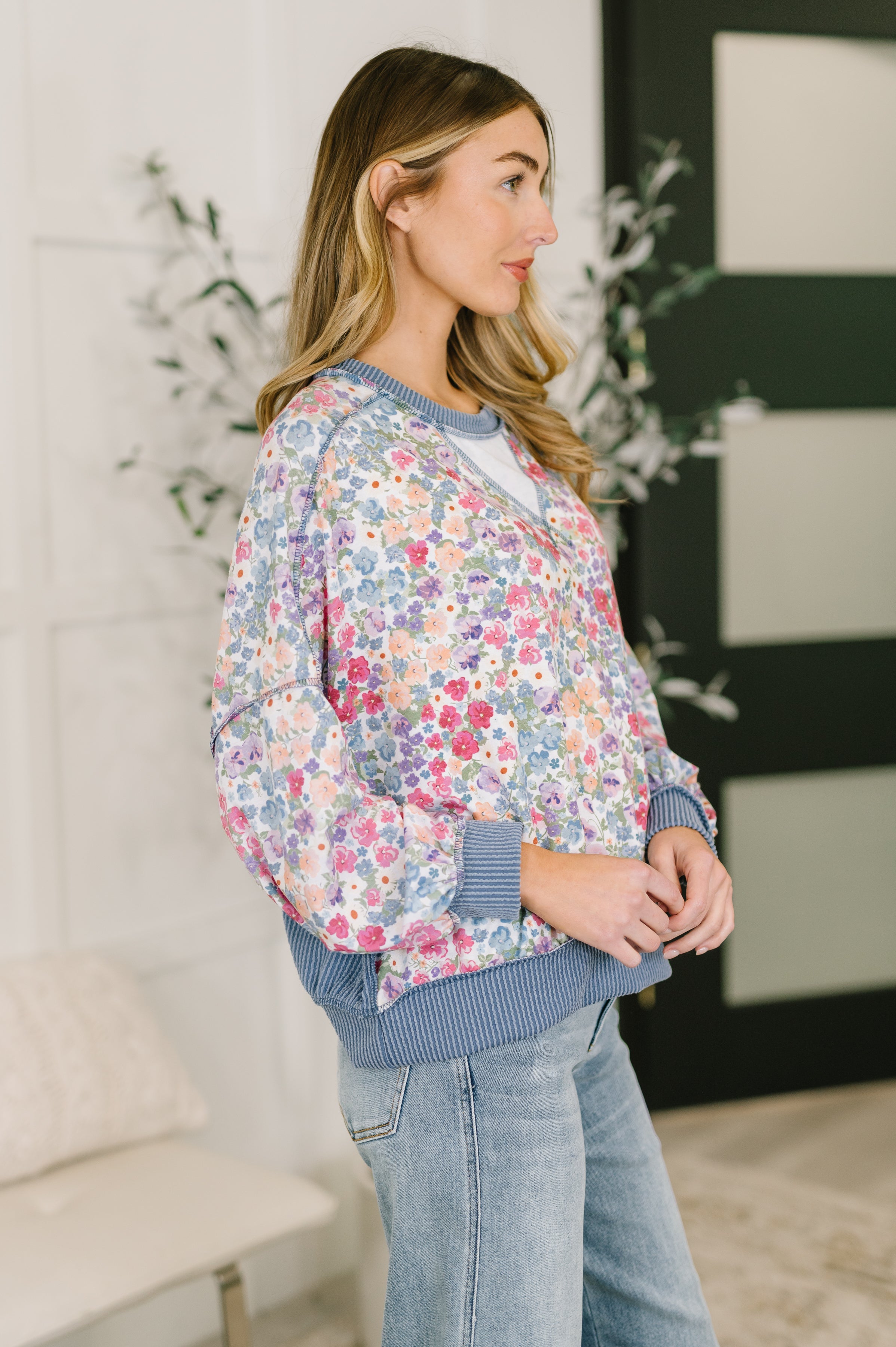 New Opportunities Drop Shoulder Floral Pullover Womens