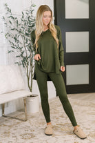 Zenana Next to Nothing V Neck Long Sleeve Top and Bottom Set in Dark Olive Womens