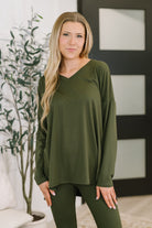 Zenana Next to Nothing V Neck Long Sleeve Top and Bottom Set in Dark Olive 3XL Womens