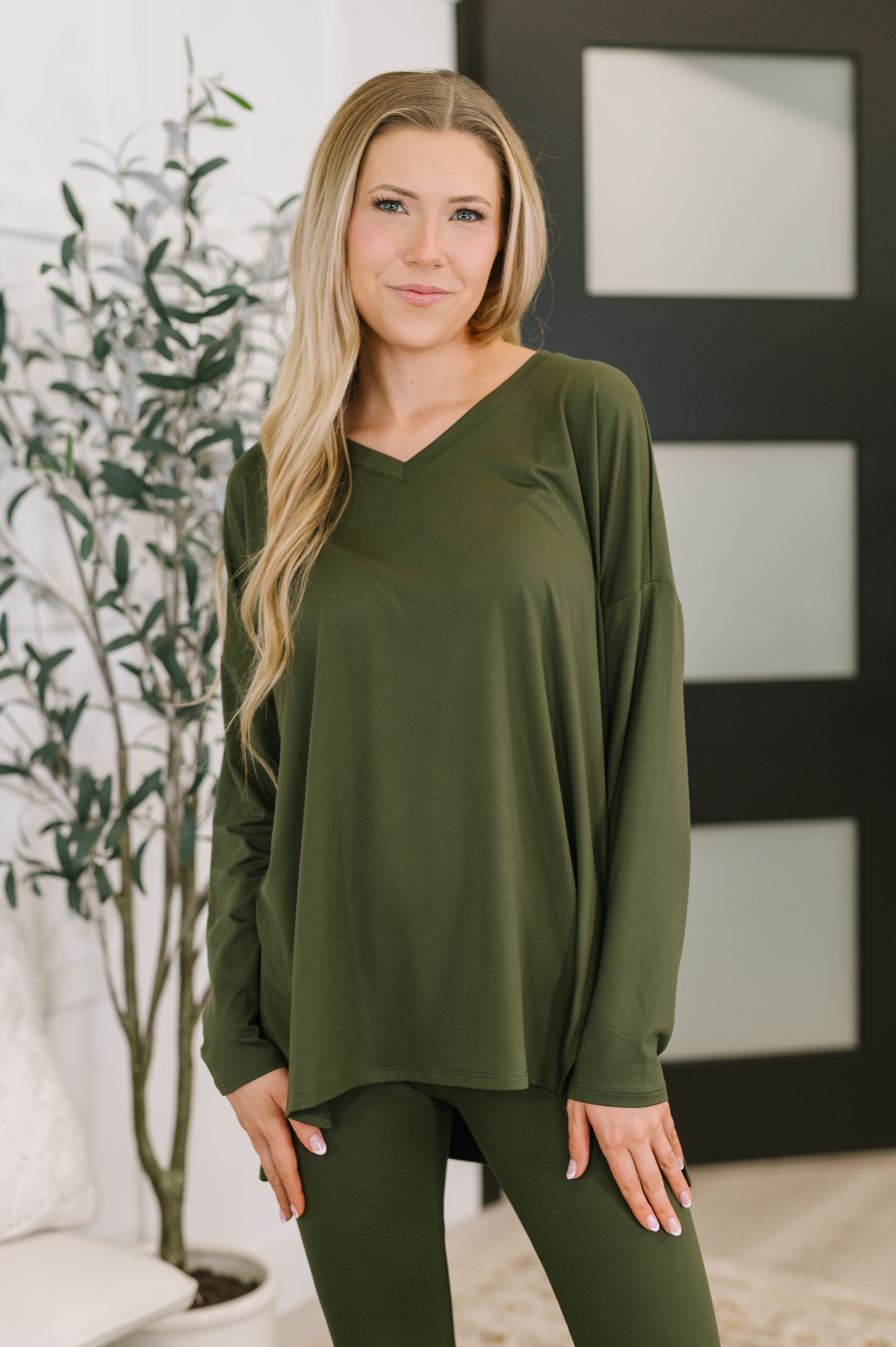 Zenana Next to Nothing V Neck Long Sleeve Top and Bottom Set in Dark Olive 3XL Womens