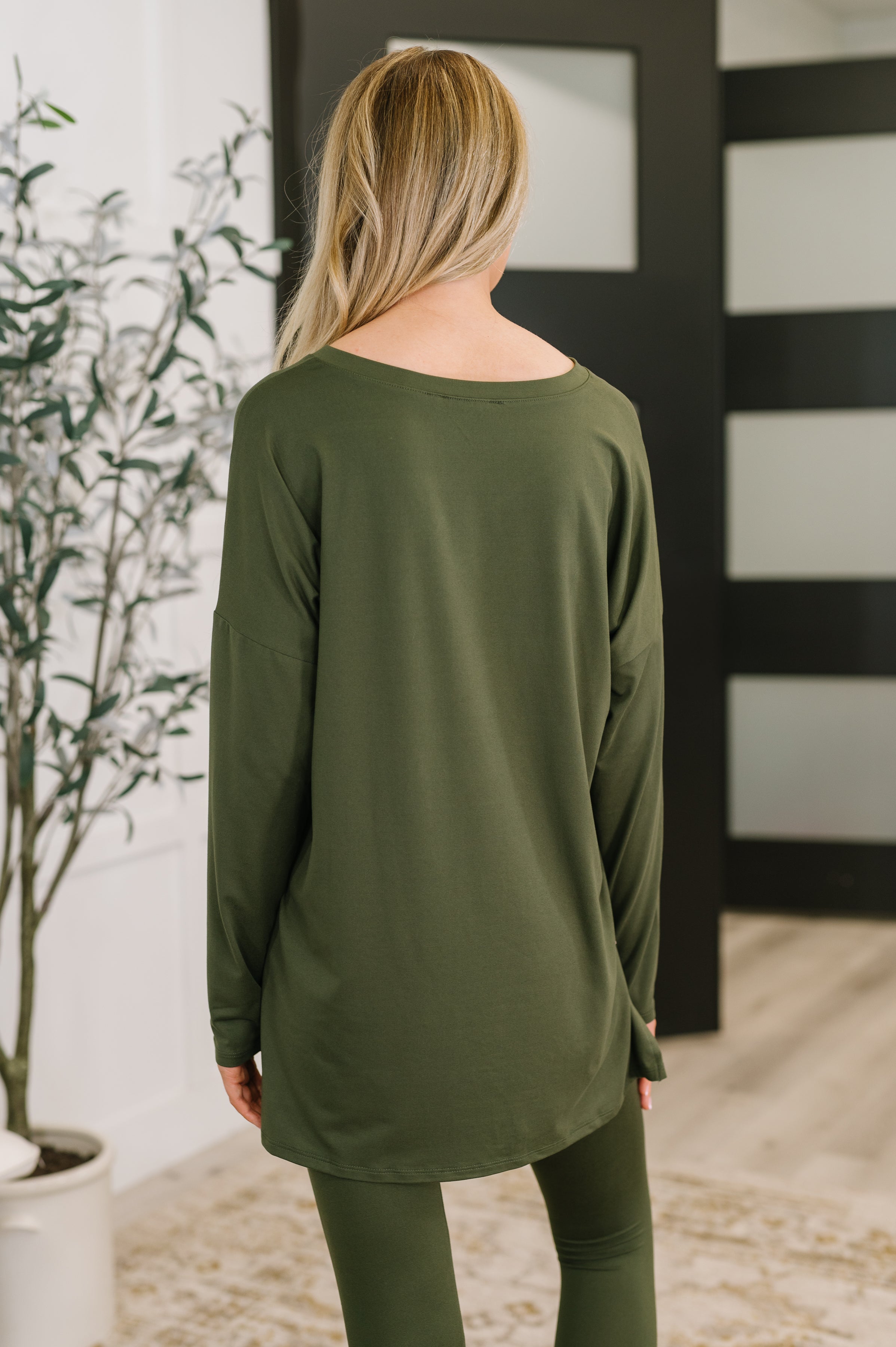 Zenana Next to Nothing V Neck Long Sleeve Top and Bottom Set in Dark Olive Womens