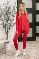 Zenana V Neck Long Sleeve Top and Bottom Set in Ruby -Next to Nothing Top Womens