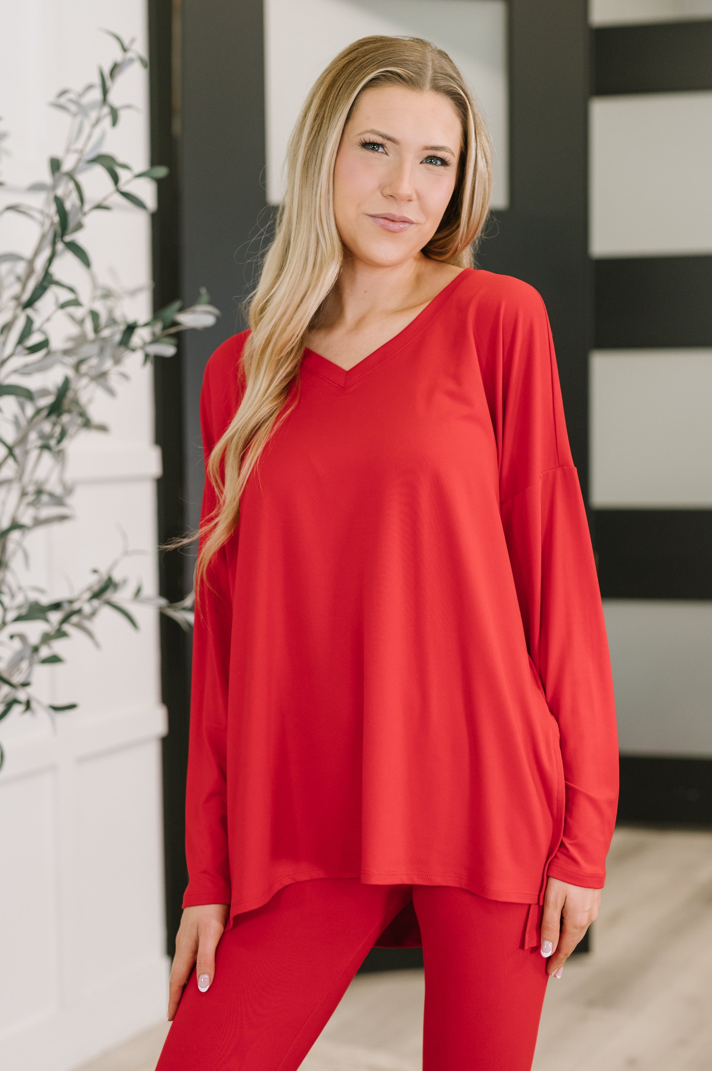 Zenana V Neck Long Sleeve Top and Bottom Set in Ruby -Next to Nothing Top 3XL Womens