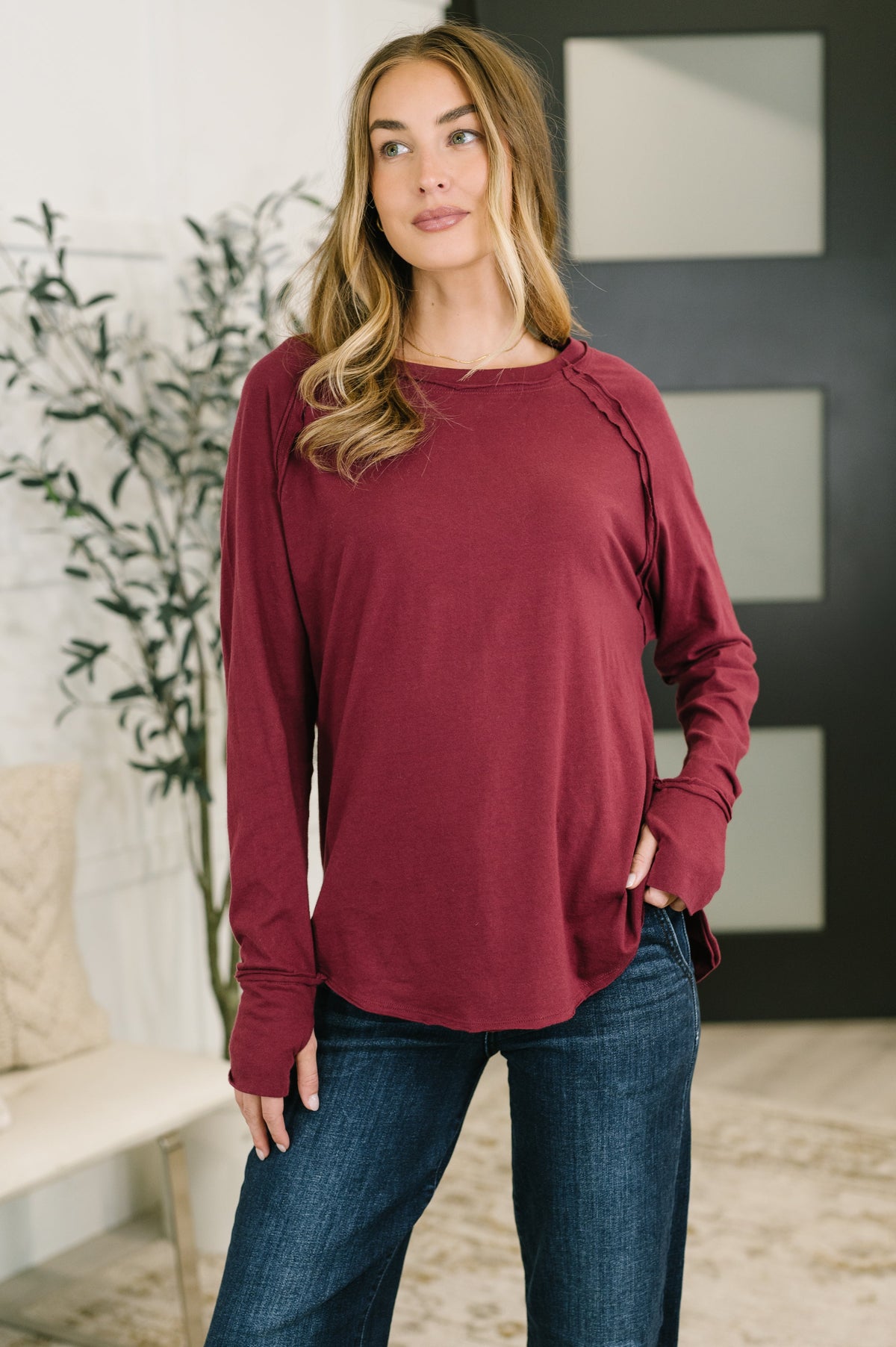 Zenana Nice to Each Other Raglan Sleeve Top in Cabernet Womens
