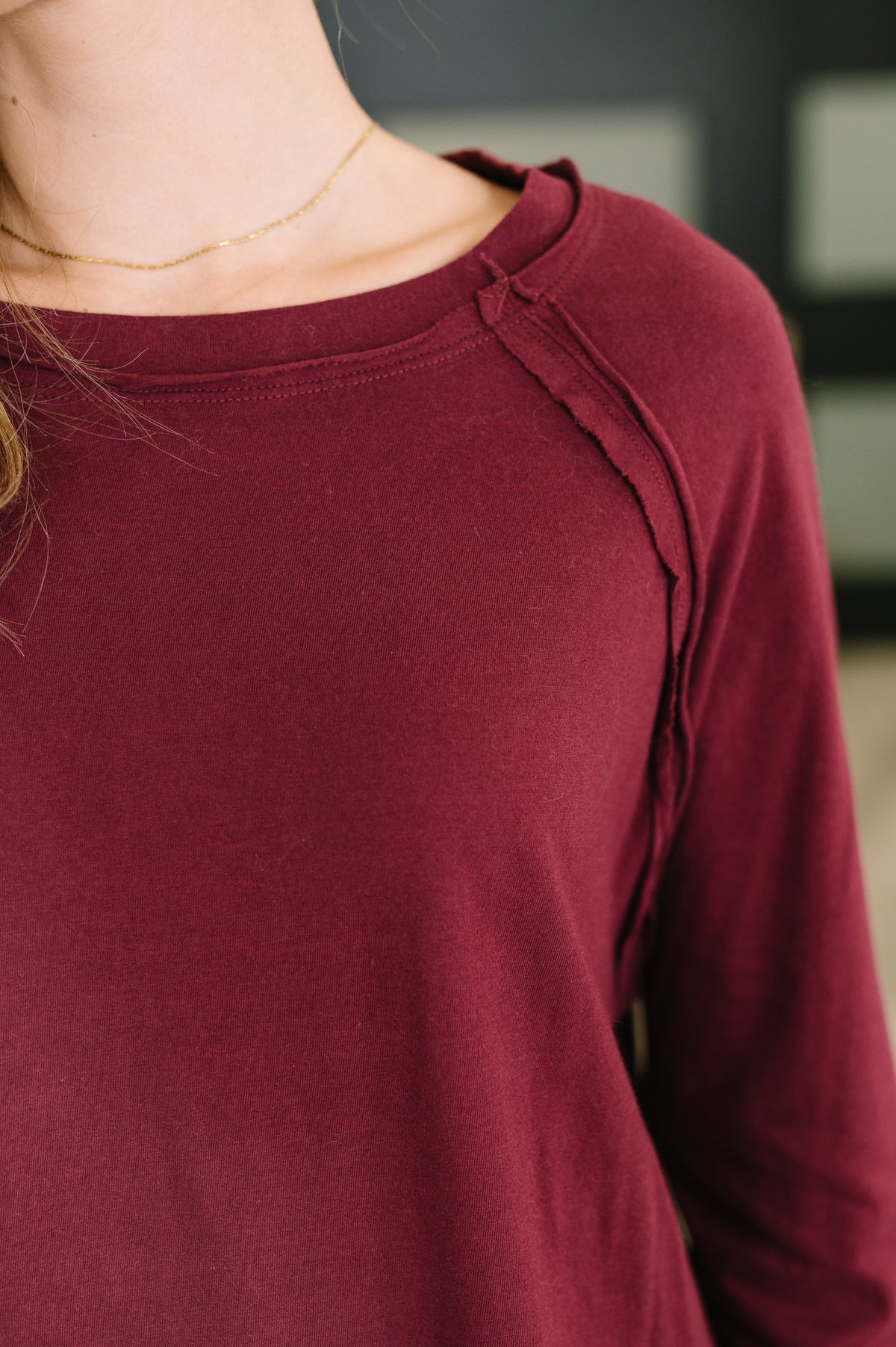 Zenana Nice to Each Other Raglan Sleeve Top in Cabernet Womens