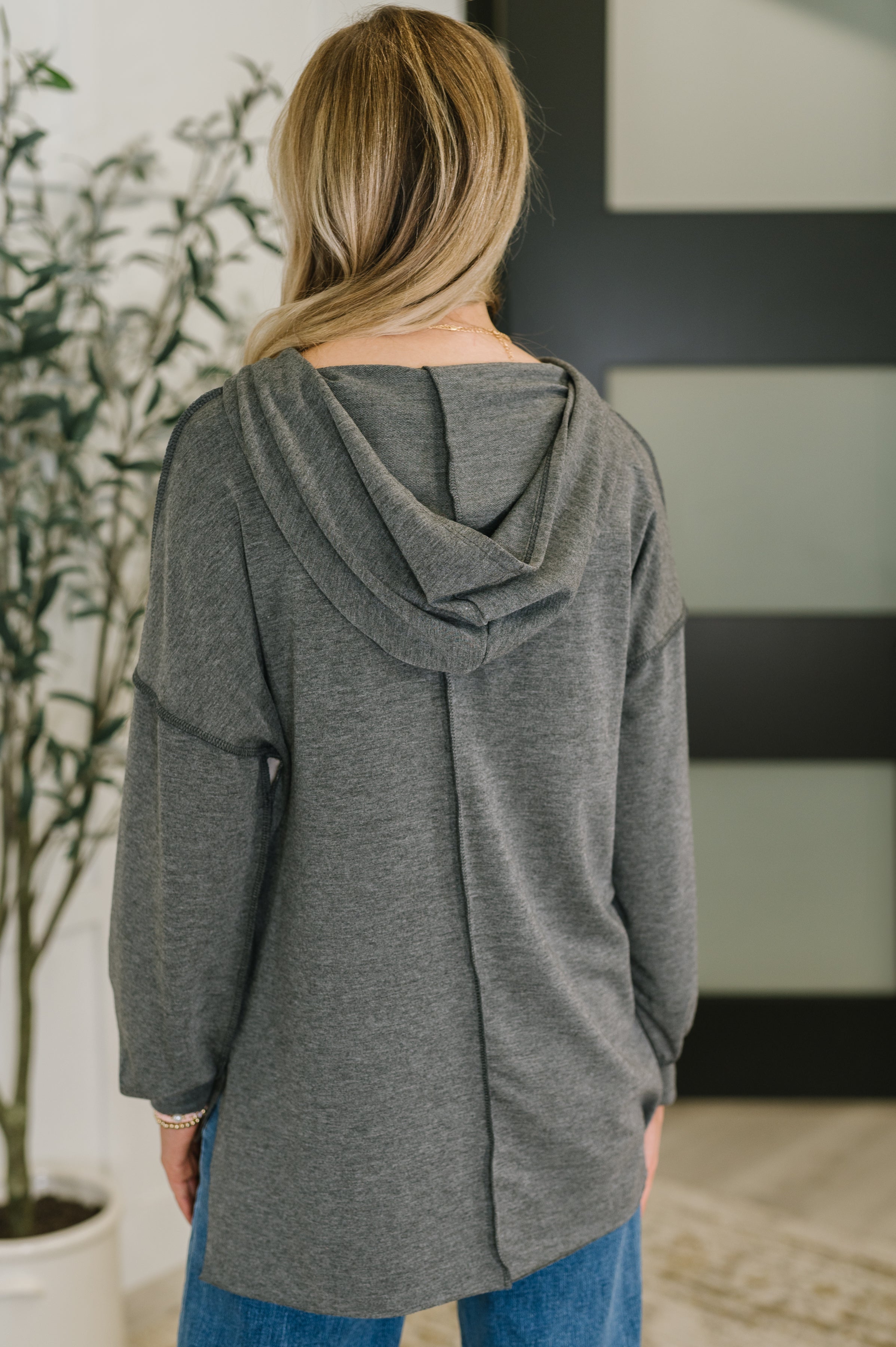 Haptics Nice to Meet Me Gray Color-block French Terry Kangaroo Pocket Pullover Hoodie Womens